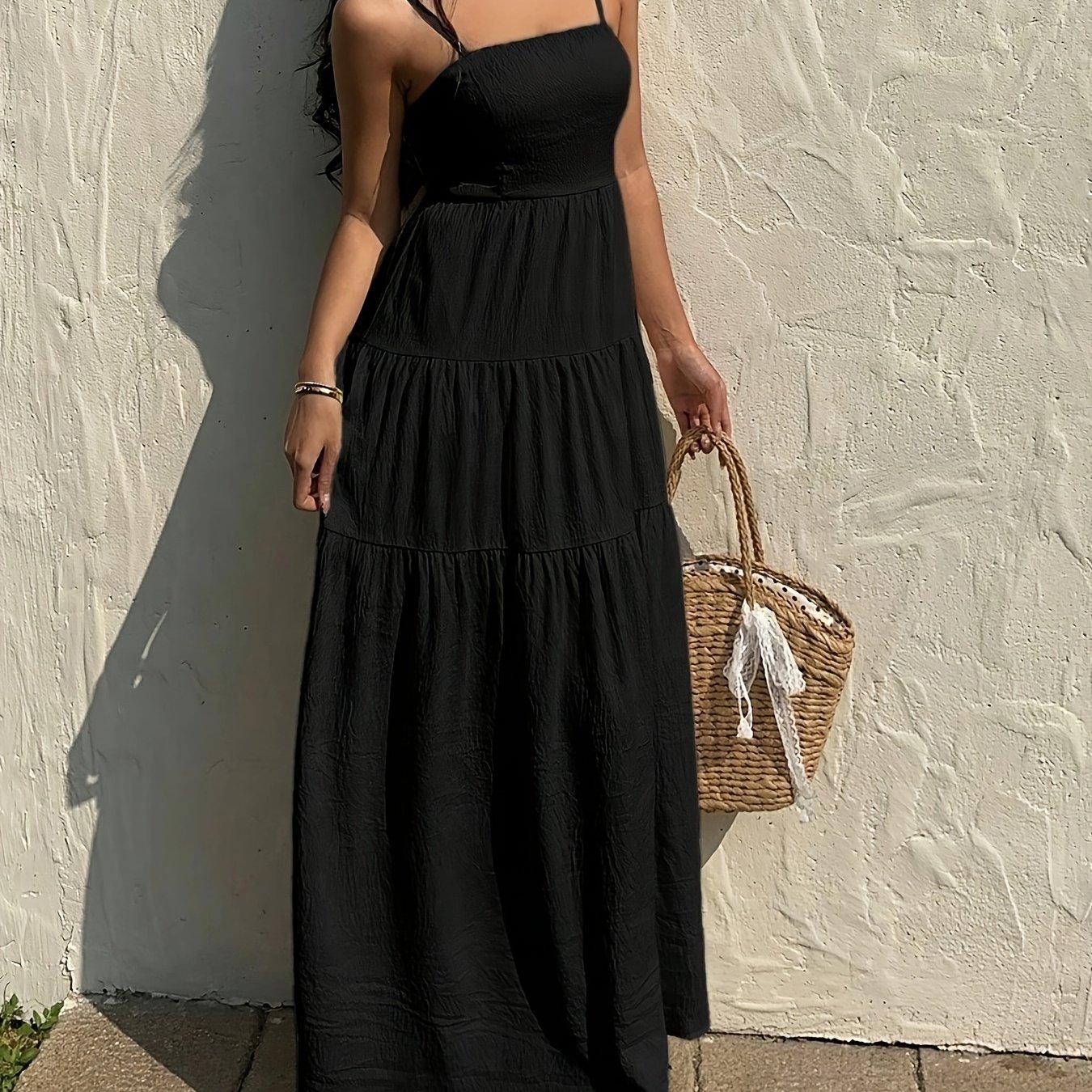 Textured Fabric, Ruched Elastic Waist, Sleeveless Dress, Loose-fitting Effect