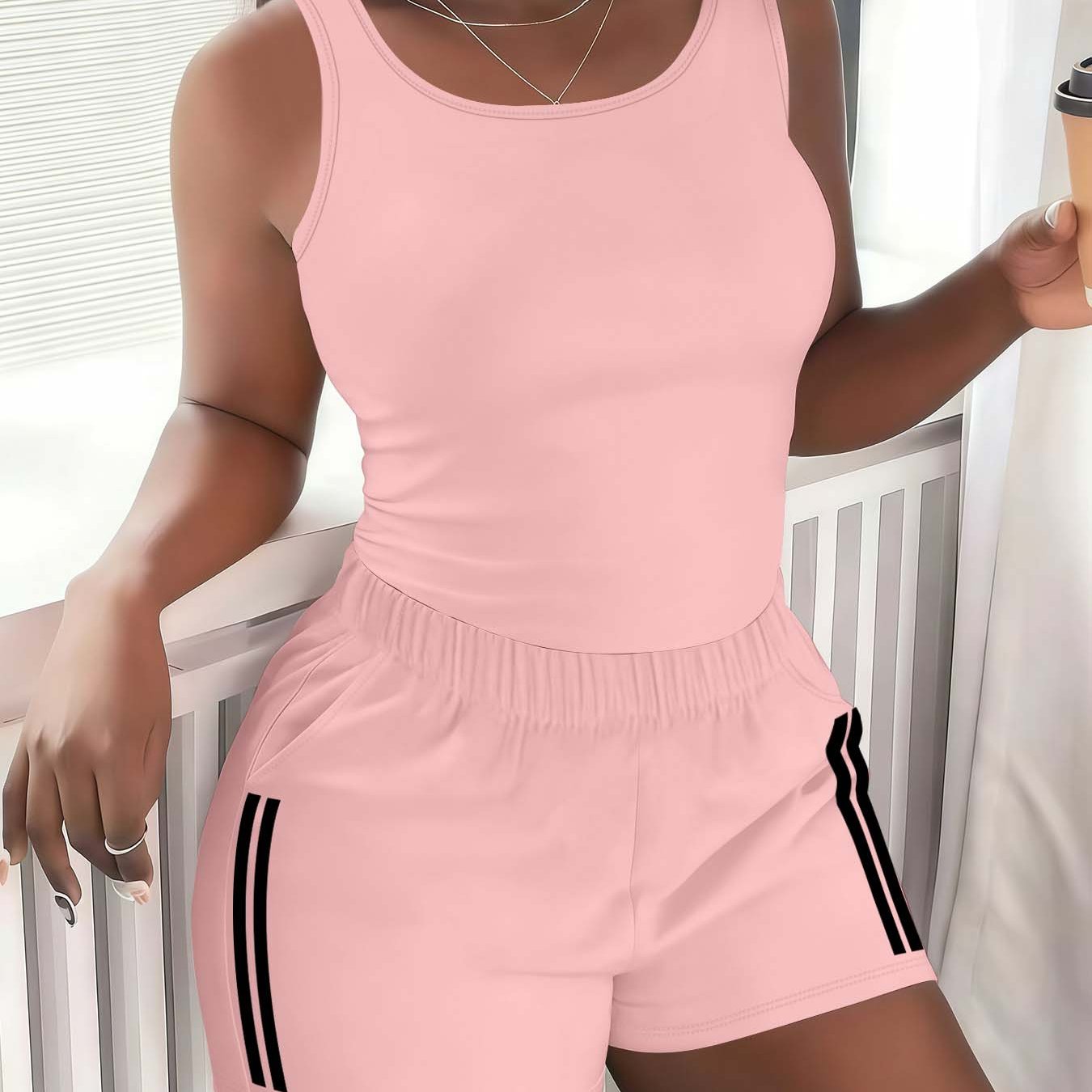 TEMU Ensemble pièces tendance printemps/été 2026 pour femmes : gilet et short décontractés, confortables, manches, imprimé rayé noir, style américain