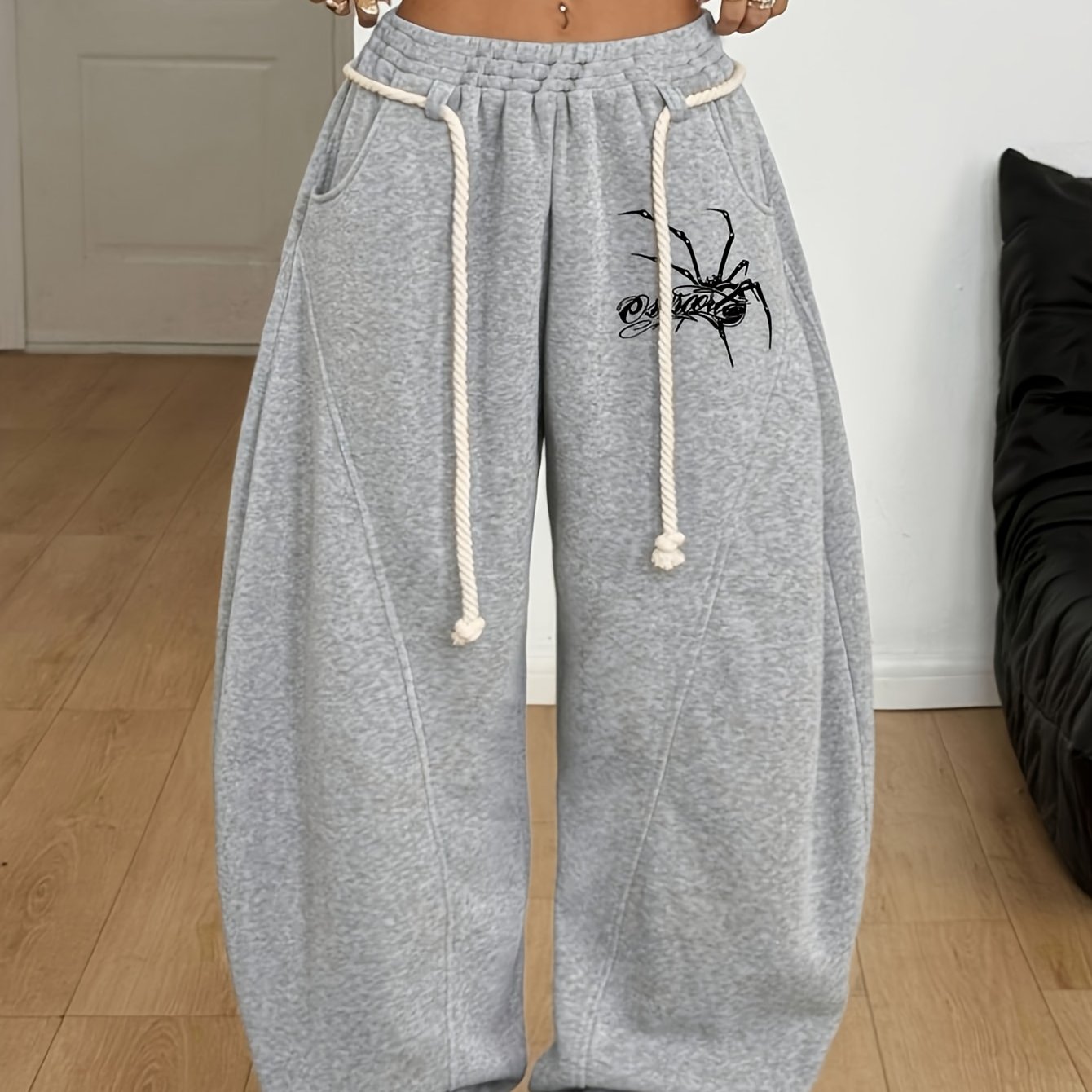 TEMU Women's Casual -lined Sword-leg Wide-leg Pants, Autumn/winter Y2k Loose Fit With Hemp Rope Drawstring And Pockets, Fun Gothic Spider Print With