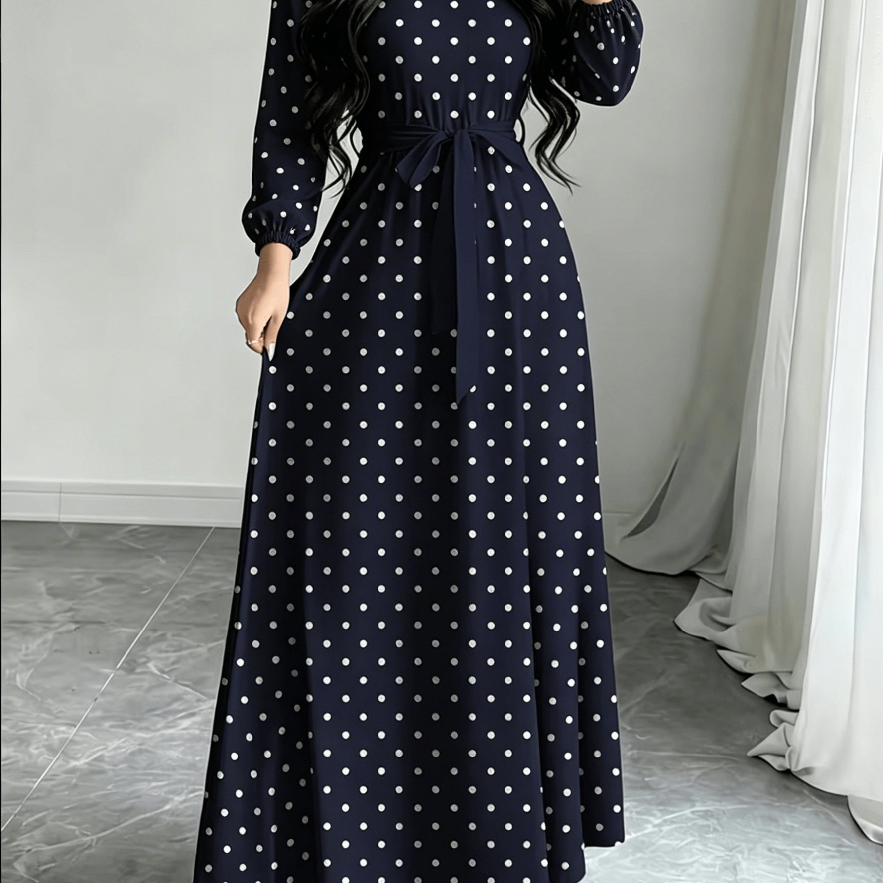 TEMU New Women's Polka Dot Print Crew Neck Casual Belted Dress, Autumn Long Sleeve Dress, Dress