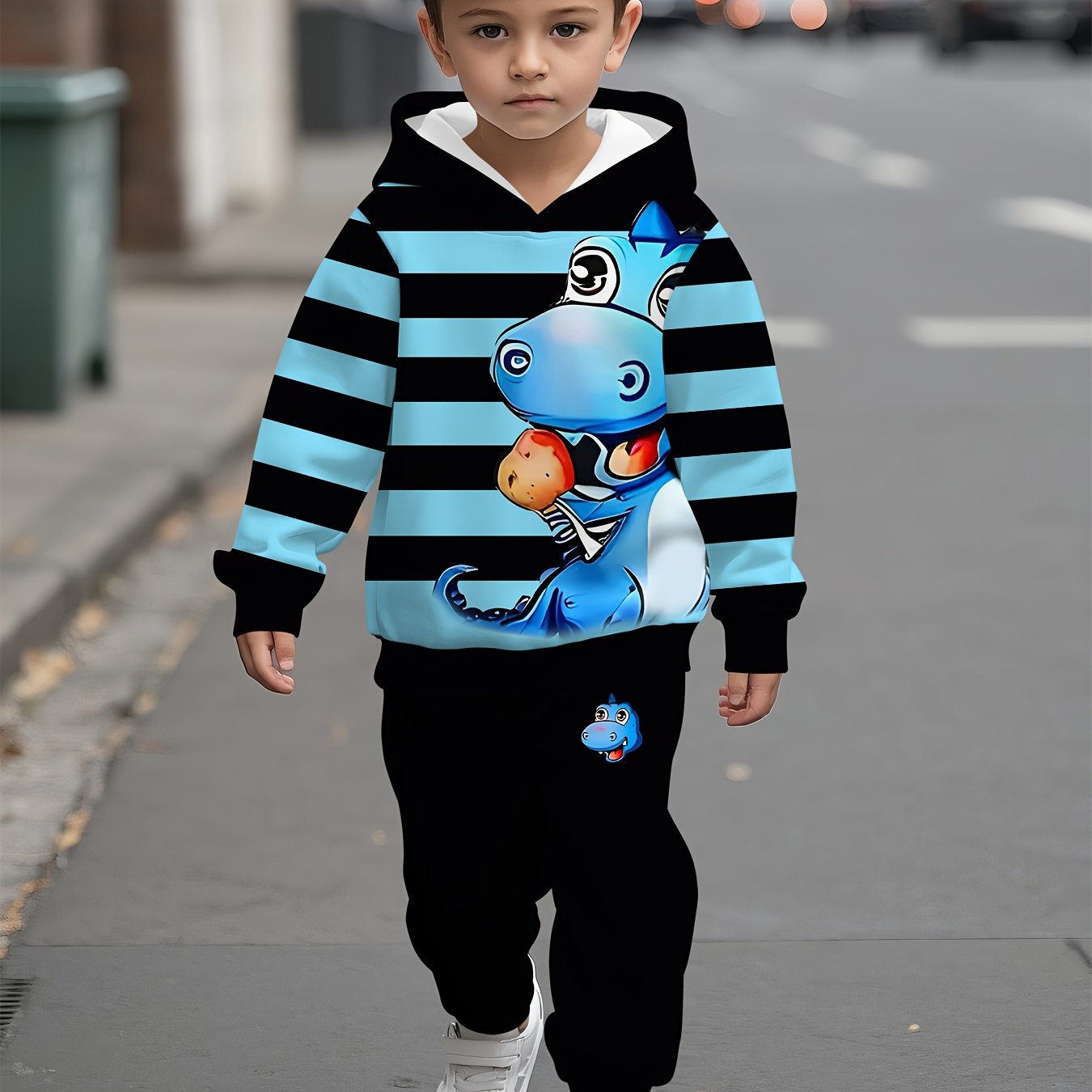 2pcs Boys' Set: Digital Prints Of A Cartoon & Stripes. Long-sleeve Hooded Sweatshirt And Sweatpants. Comfortable Fabric, ' Gift. Perfect For Outdoor Use., Perfect For Outdoor