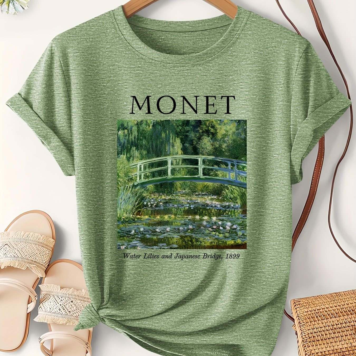 TEMU Women's Vintage Renaissance "water Lilies And Japanese Bridge" Print Short-sleeve T-shirt, 2025 Autumn Fashion Trend Vintage Crew Neck Cute Tee,