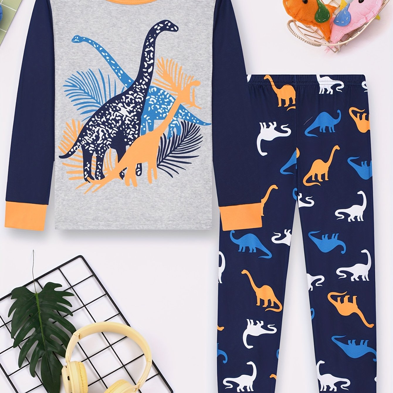Image of Pajamas Homewear Long Sleeves And Long Pants 1 Set Cartoon Dinosaur Brothers Print 1615 Flame Retardant Fabric Test Skin-friendly Comfortable