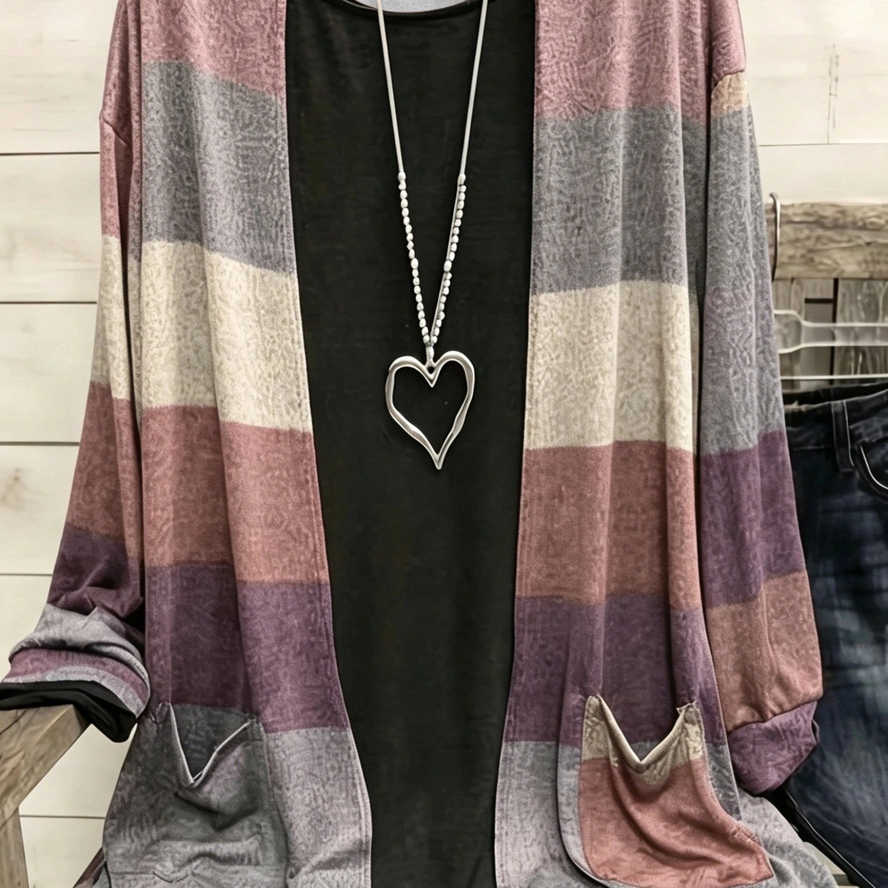 TEMU Plus Size Women's Casual Color Block Stripe Casual Long Sleeves Cardigan With Pockets