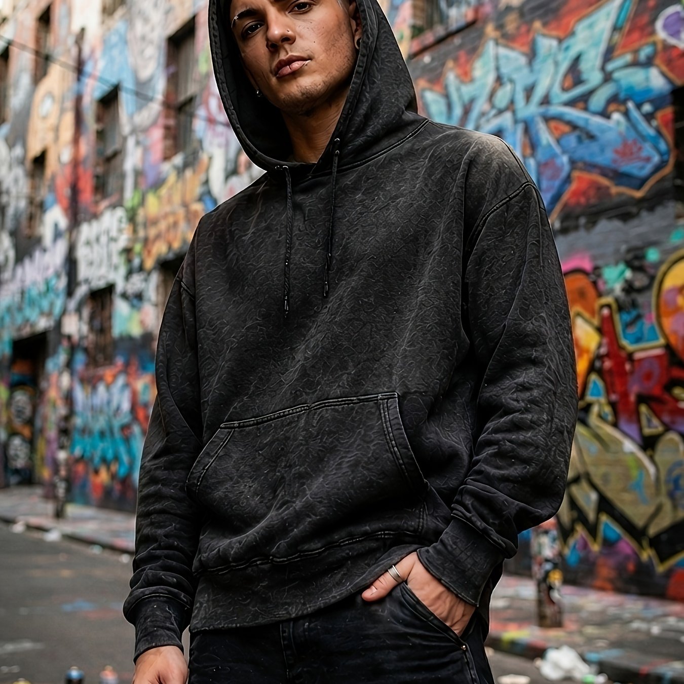 TEMU Men's Vintage Acid Wash Hoodie, Solid Plain Drawstring Kangaroo Pocket Hooded Sweatshirt, Distressed Streetwear Casual Long Sleeve Pullover Tops