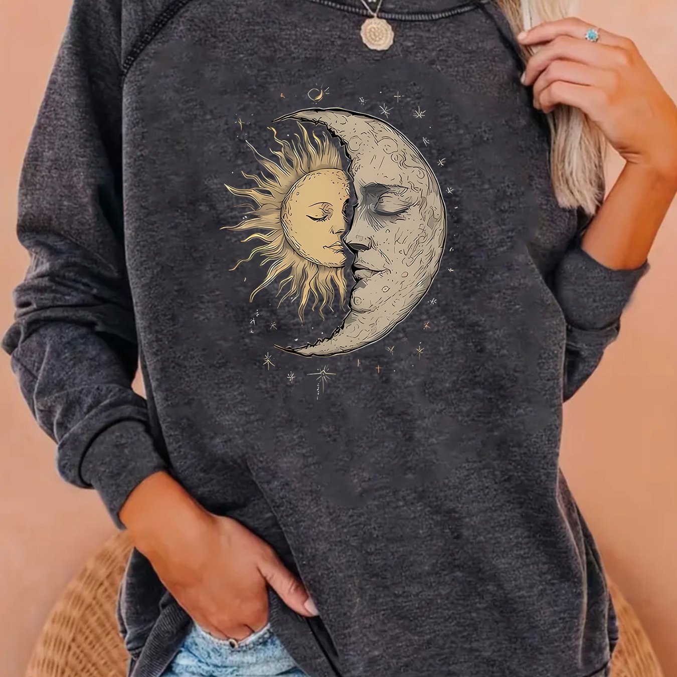 TEMU Women's Round-neck Long-sleeve Pullover With Shoulder , Featuring A Mysterious Theme Pattern Of Sun And Moon, Stylish And Casual. Hooded Style,