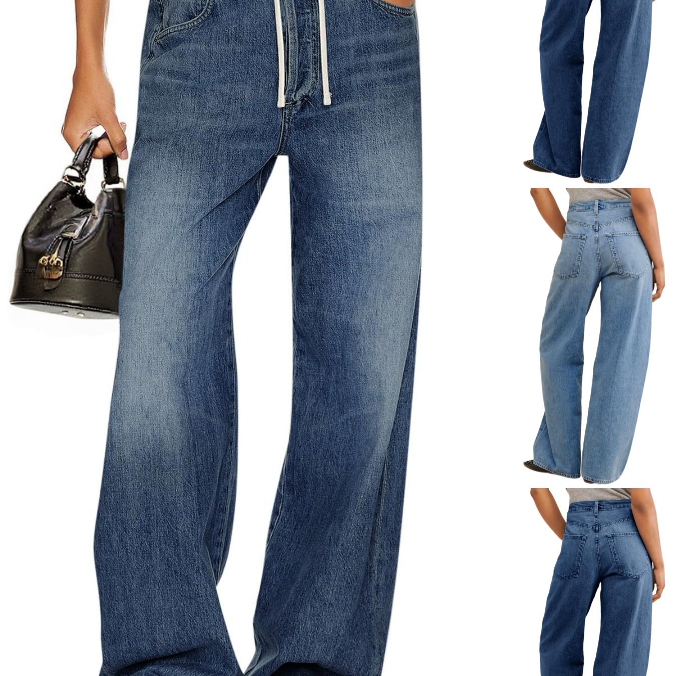 Women's Wide Leg Jeans Drawstring High Waisted Baggy Straight Leg Jeans Trendy Denim Pants With Pockets