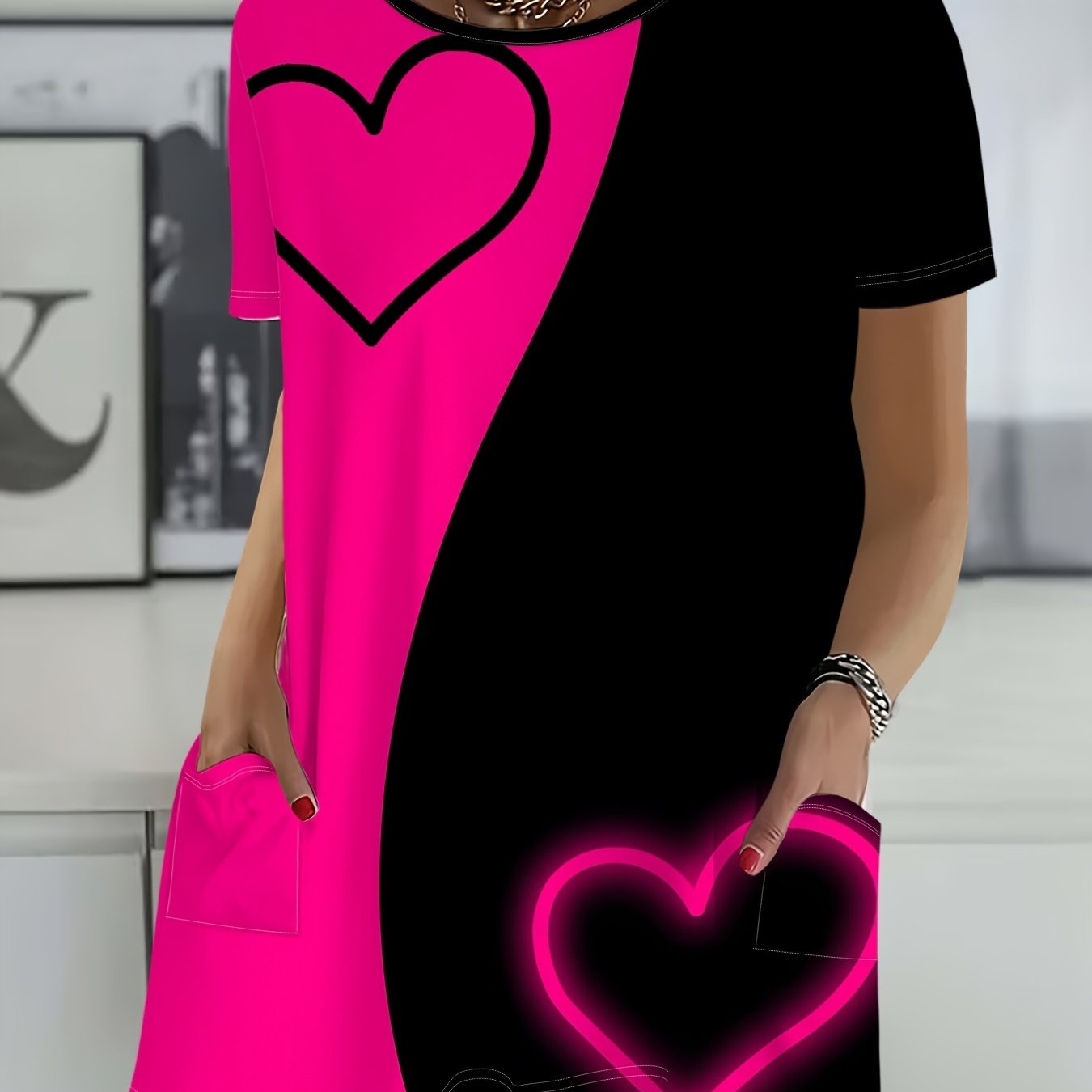 TEMU Plus Size - Color-block Heart Pattern Women's Loose Short Sleeve T-shirt, Summer Fashion Casual Top, Black And Pink Design, Easy Trendy Style