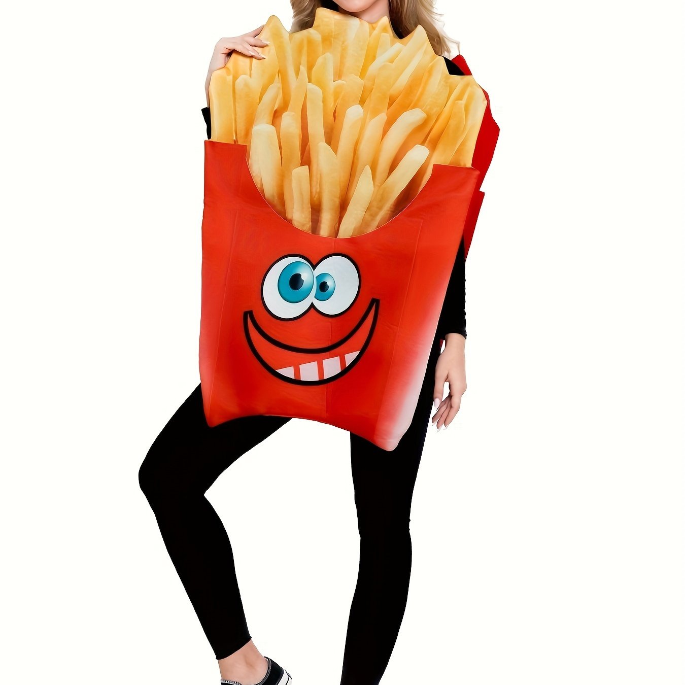 Image of Adult French Fry Costume With Cartoon Face - Polyester 100% Casual Halloween Outfit, Spaghetti Strap Collar, Knit Fabric, One-piece Novelty Food Costume For Parties And Celebrations