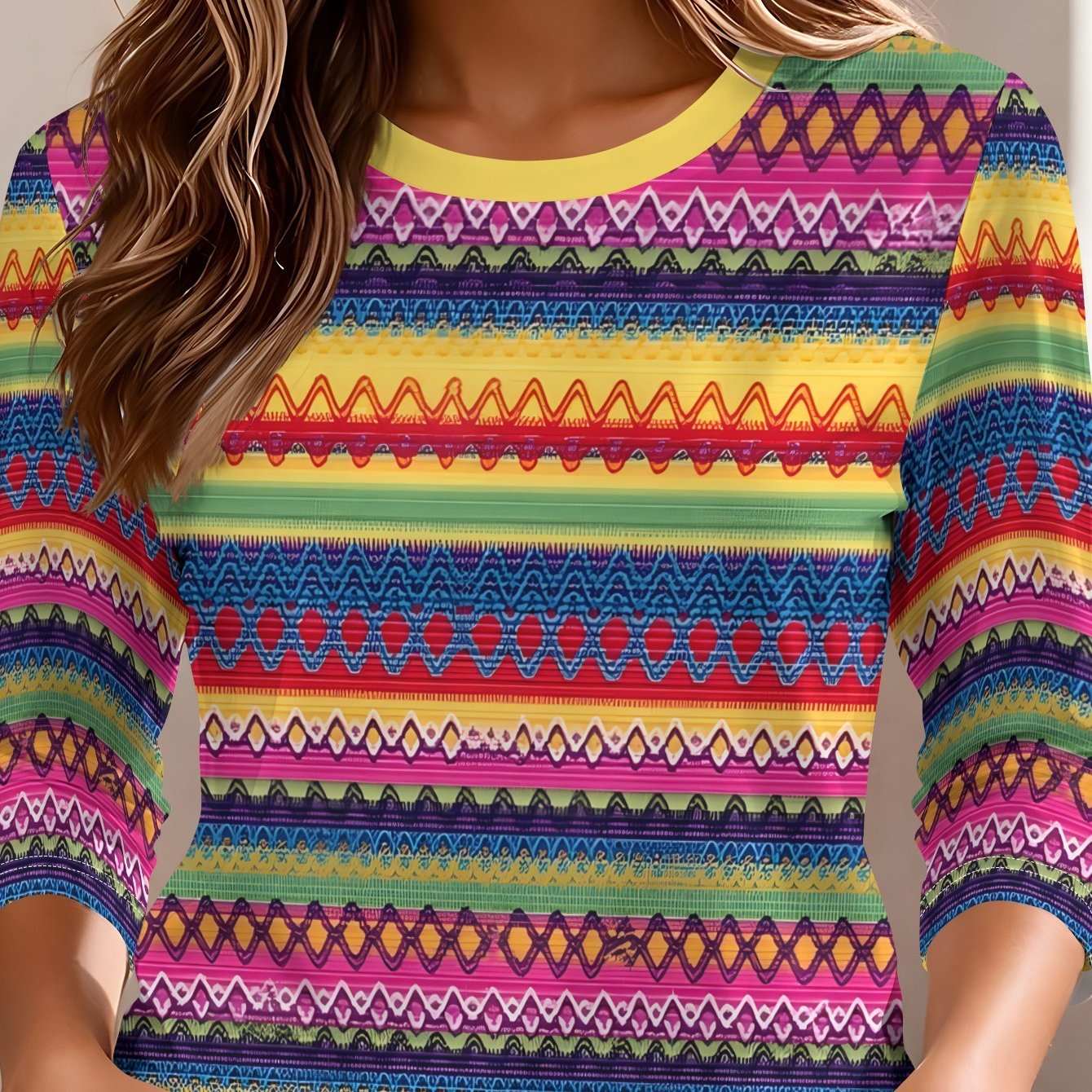 TEMU [printed Design - Not Textured] Women's Spring/autumn Round Neck T-shirt With Colorful Striped Pattern And Three-quarter Sleeves, Comfortable, ,