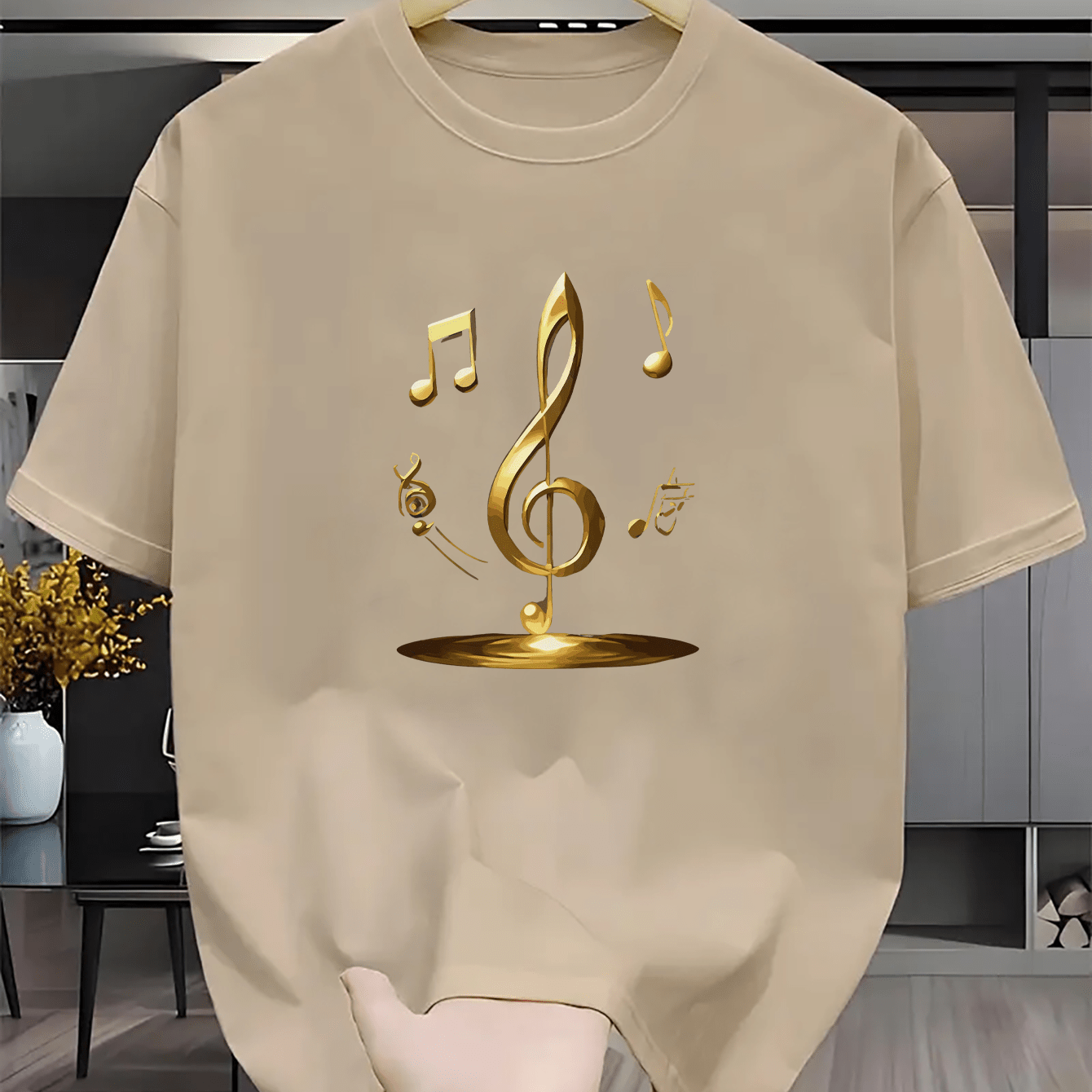 TEMU Men' & Rhythm T-shirt - Minimalist Musical Staff Print Short Sleeve Round Neck Breathable Polyester Top, Suitable For & Young, Casual Wear For