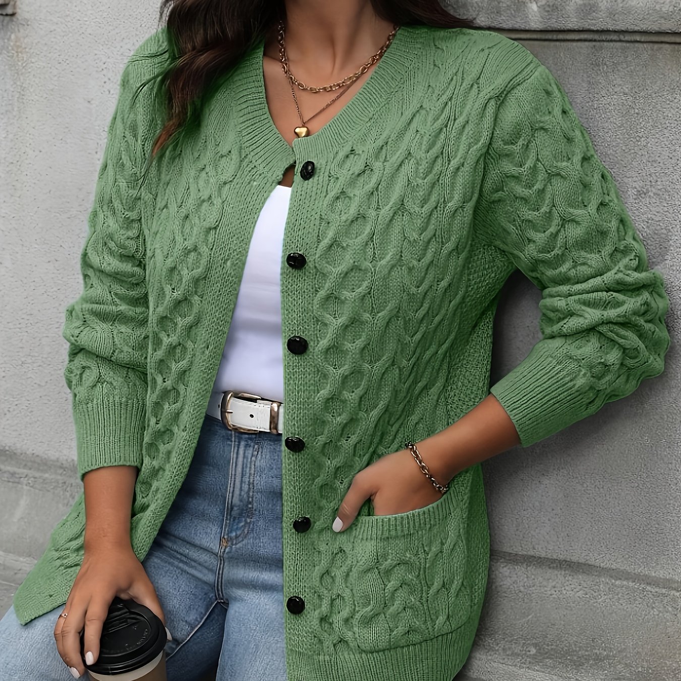 TEMU Pull à manches longues décontracté et polyvalent pour femmes grande taille, couleur unie avec boutons devant, idéal et