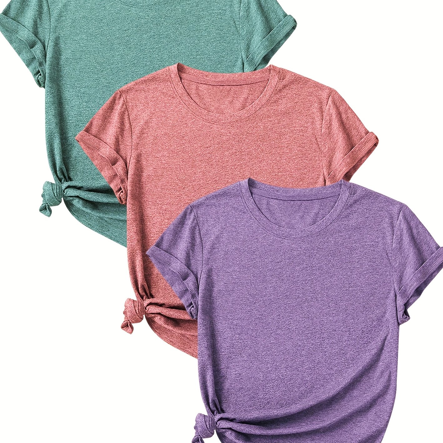 TEMU Stylish Solid Color Round Neck 3pcs Short Sleeve T-shirt Set For Women, Spring Summer Autumn Top