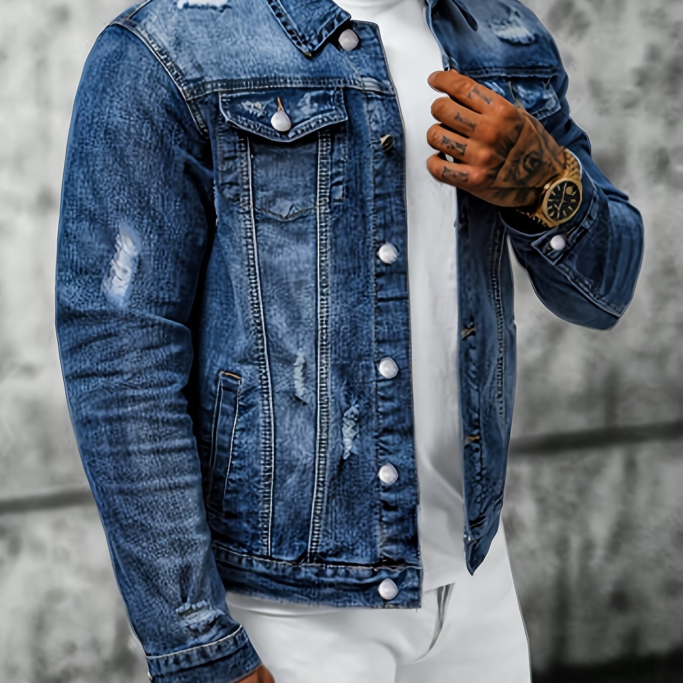 TEMU Men's Vintage Distressed Denim Jacket - Collar Four-pocket Button-front Flight Bomber Suitable For Autumn, Casual Streetwear Outerwear (machine