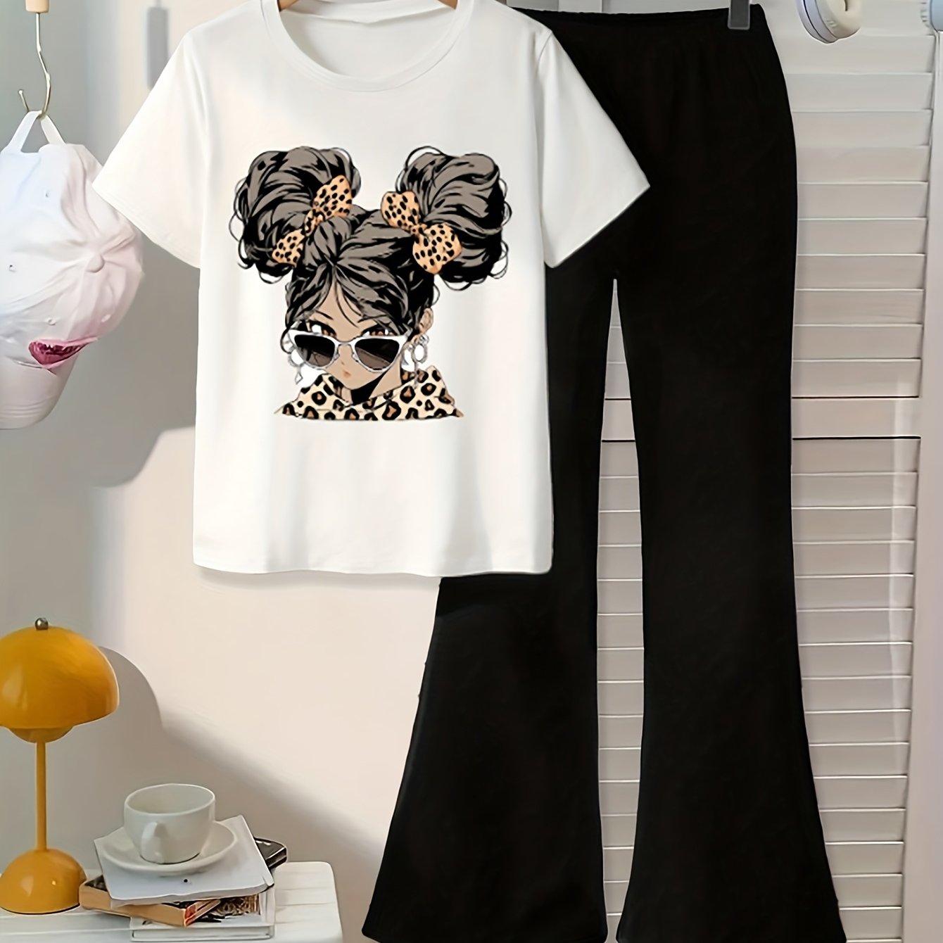 2pcs Girls' Fashion Cute Cartoon Pattern Print Top And Pants Set, Spring Travel Casual T-shirt Flared Pants For Girls, Big Girls Outdoor Easy Style Short Sleeve Long Pants Outfit, For Outdoor