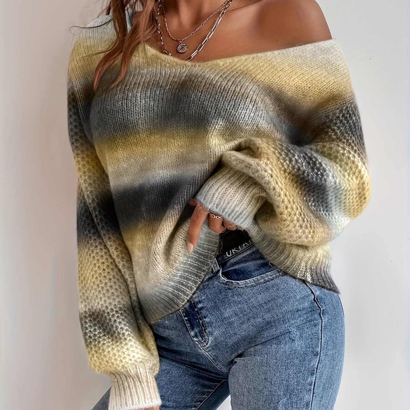 Random Gradient Color V-neck Sweater