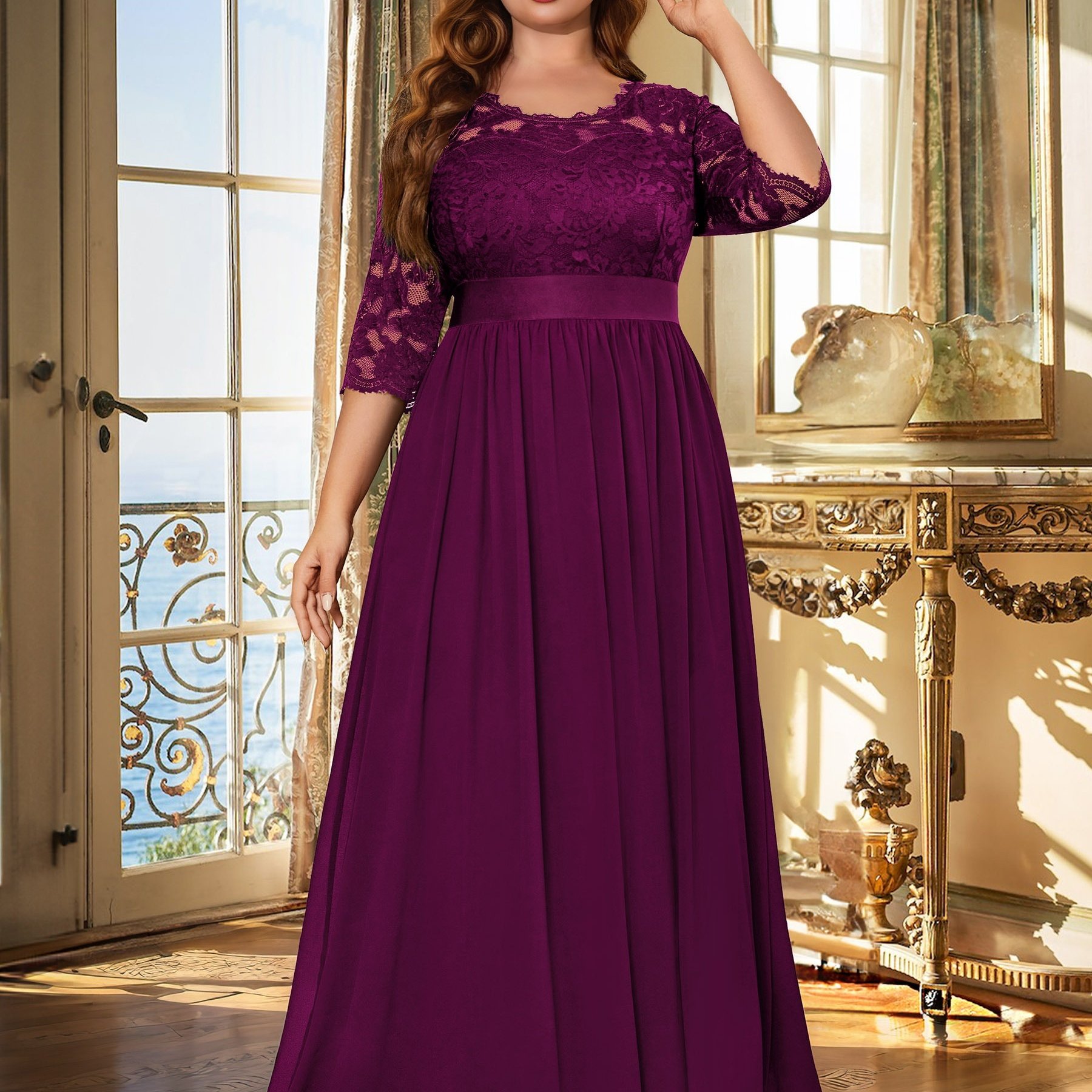 Plus Size Elegant Party Dress, Women's Plus Solid Contrast Lace Half Sleeve  Round Neck Maxi Wedding Dress
