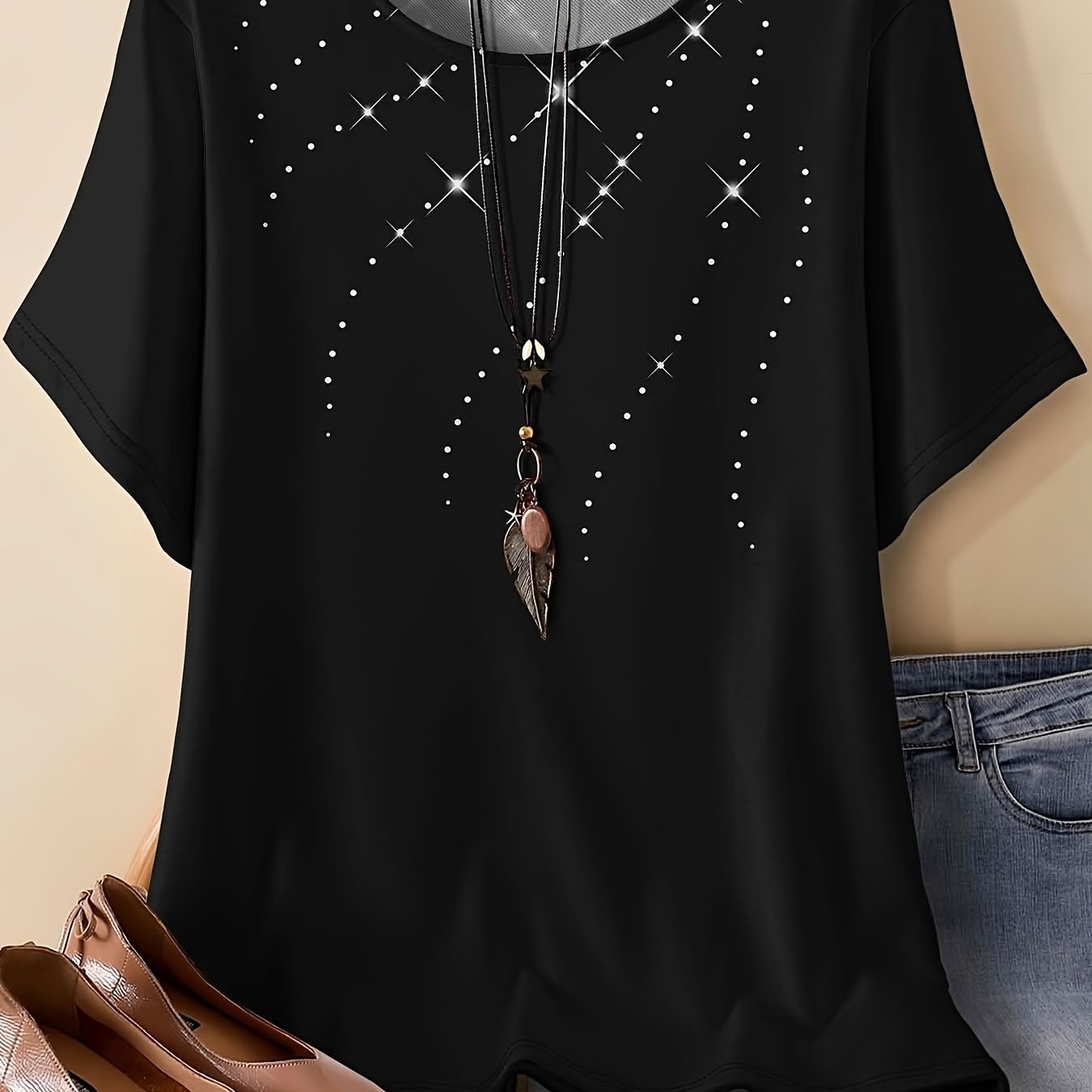 Image of Plus Size - Women's Plus Size Print Loose T-shirt - Round Neck Short Sleeve Casual Top, Ideal For Spring And Summer Daily Wear