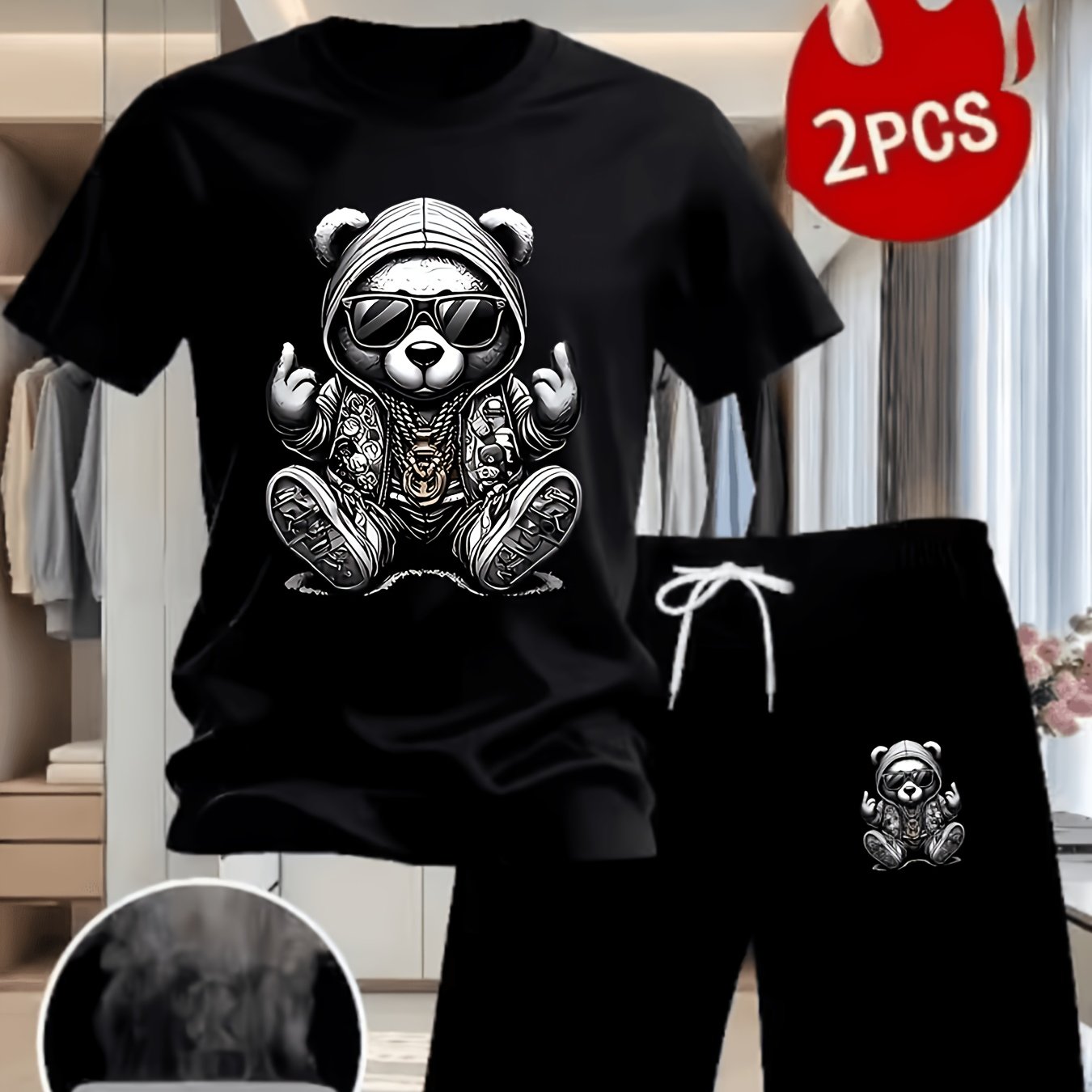 TEMU Summer Men's Sunglasses Print Short Sleeve Shorts 2pcs Set, Street Trendy Casual Outfit