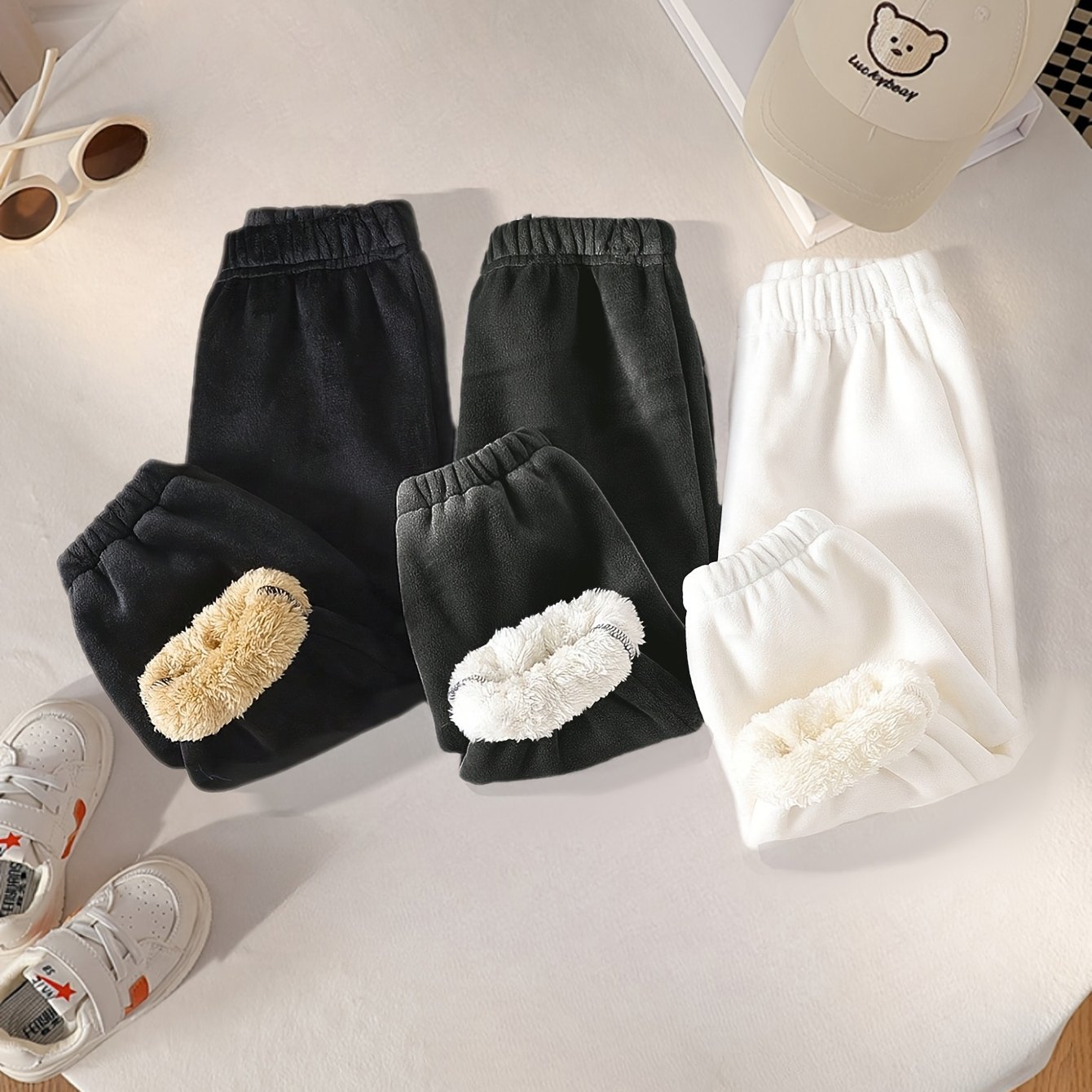 Image of Girls' Thickened Warm Long Pants 3pcs Set, Children's Clothing, Coral Thickened Girls' Pants, Winter -lined Thickened Warm Pants, Back-to- Gift, Return-to-, Girls' Birthday Gift, Perfect For Outdoor