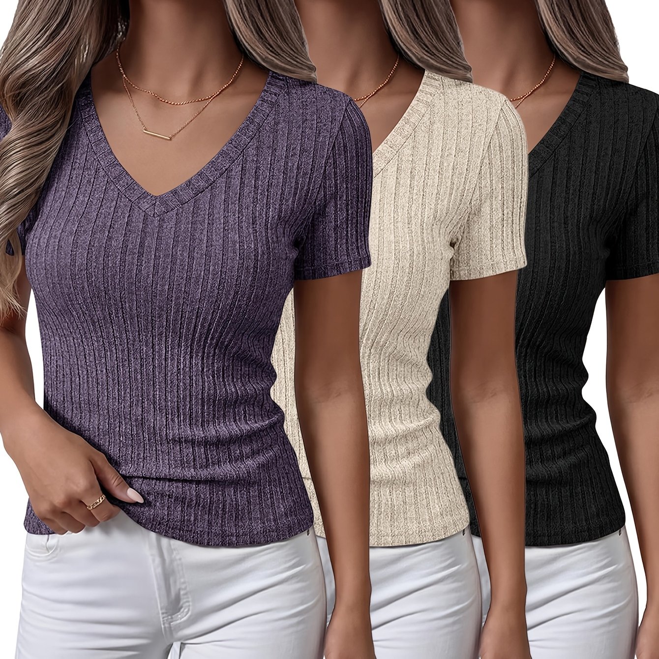 TEMU 3pcs Set Women's Slim-fit Comfortable Top Shirt Elegant Short-sleeved T-shirt Fashion V-neck Pullover