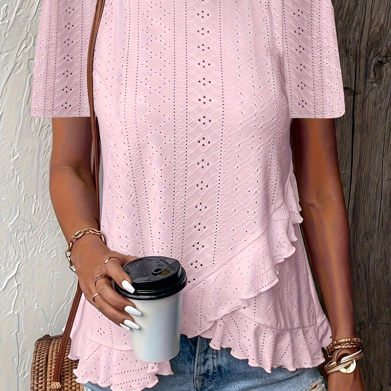 TEMU Women's Round Neck Ruffle T-shirt, Stylish, Elegant, Comfortable, Breathable, Solid Color Jacquard Fabric, Suitable For Spring And Summer Tops
