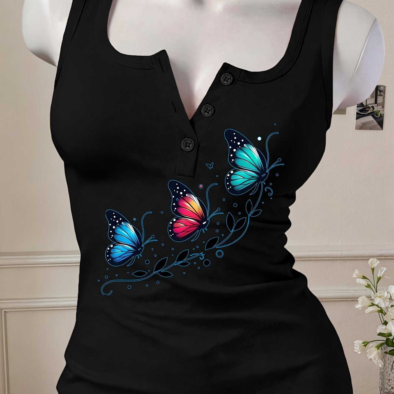 TEMU Pattern Women's Hot Outfit Button-up Sexy Design Non-v Neck Tank Top, A Revealing Y2k/casual/sporty/tunnel/fashionable/elegant Comfortable