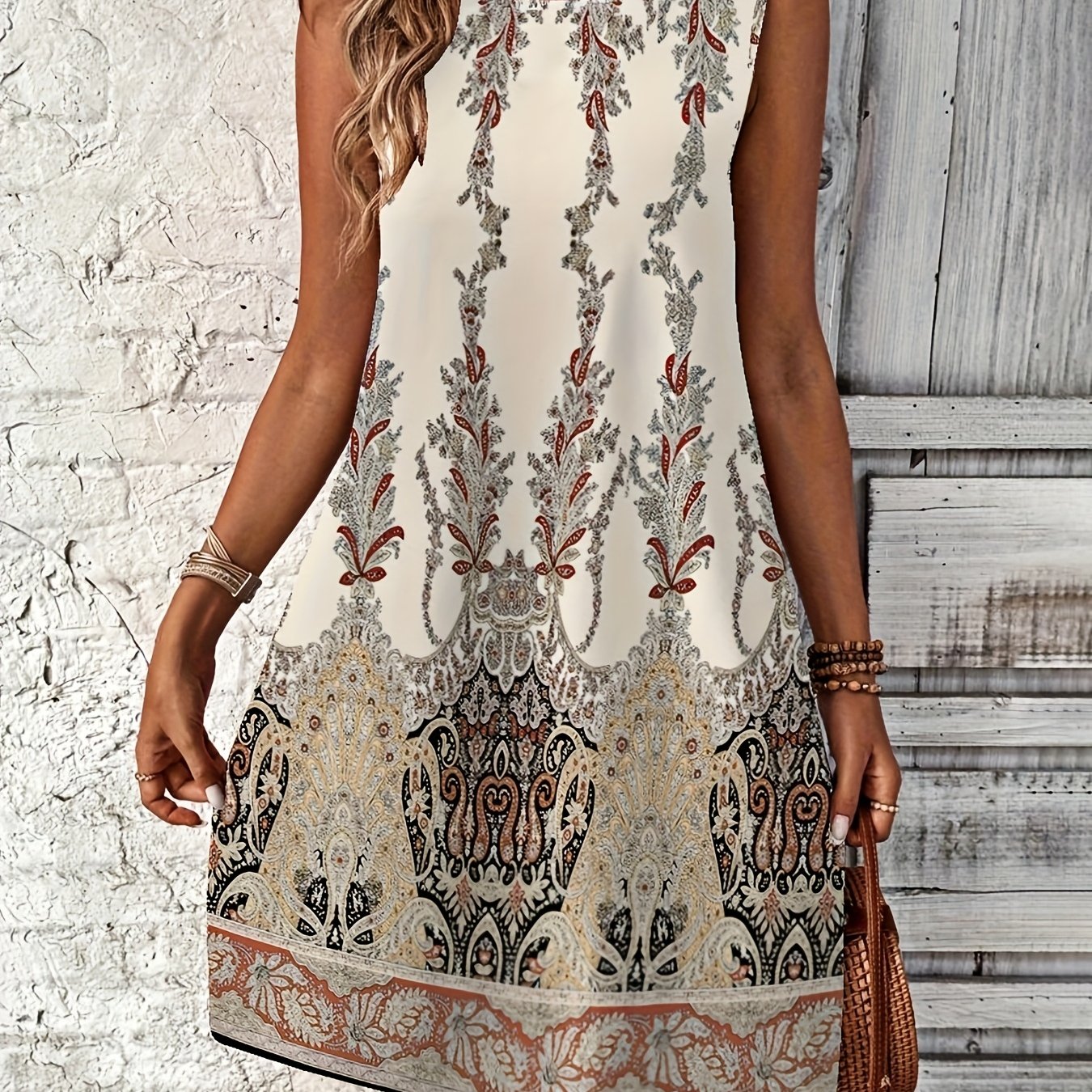 E-shop Damenschleierloses Kleid mit Blumenmuster – Leichtes, Rundhals-Kleid für Frühling, Sommer und Herbst, Strandurlaub & Tagesausflüge, Niedliches