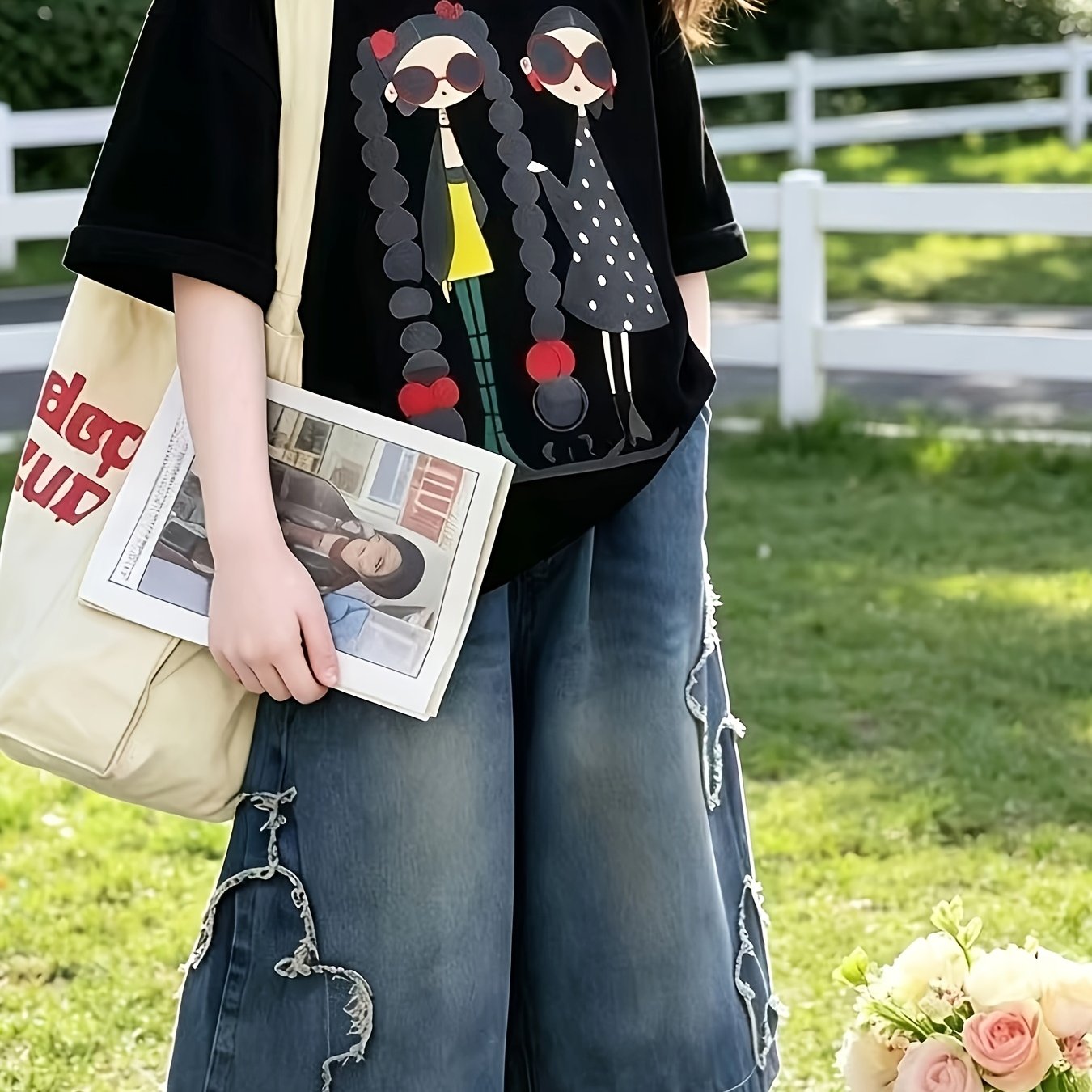 Image of Girls 2pcs Outfit Set 7-15, Summer T-shirt And Light Wash Denim Pants, Loose Fit, Breathable Comfortable, Casual Streetwear, For Outdoor