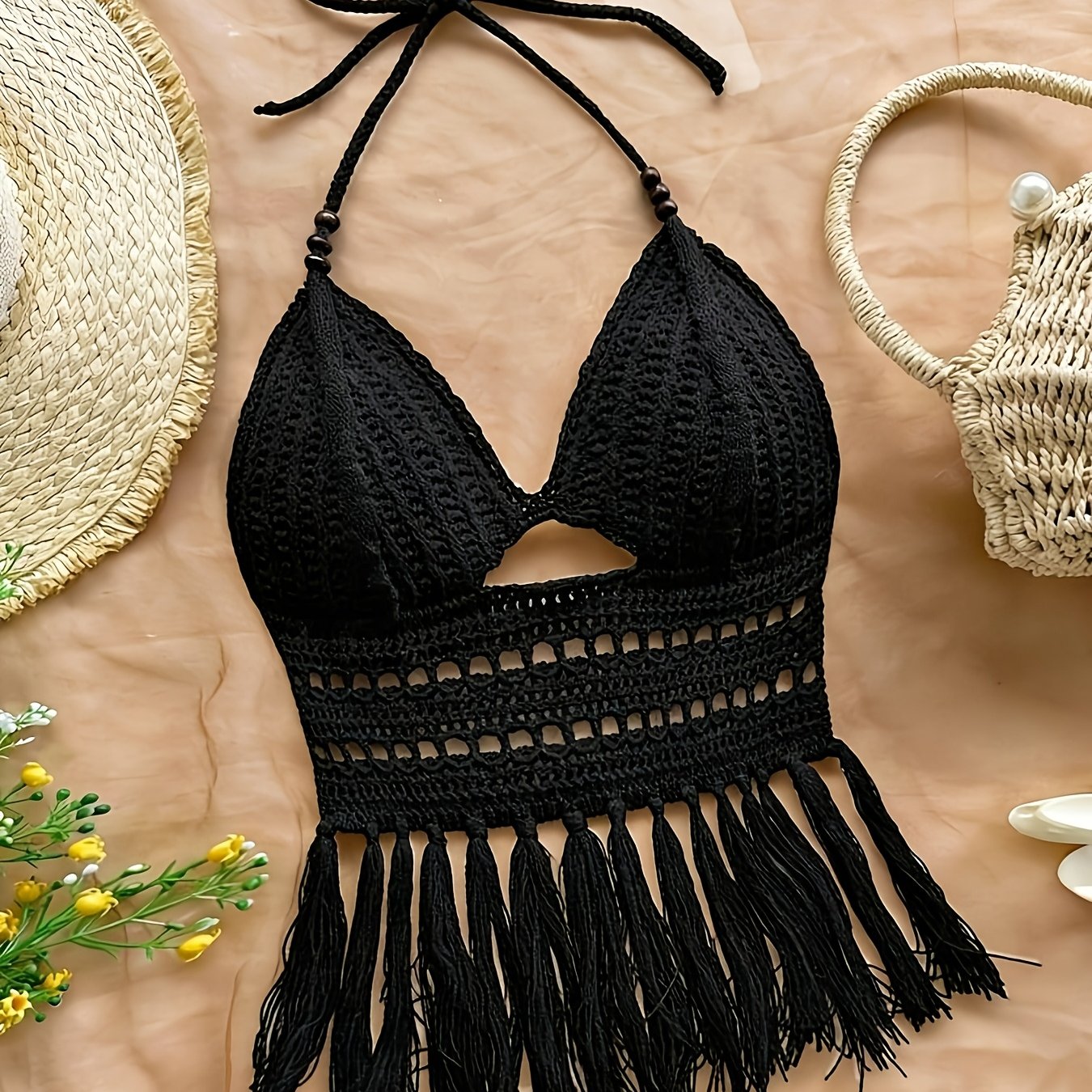 Image of Spring Summer New Women's Crochet Halter Top Solid Color Tassel Trim Hollow Out Beach Top, Bohemian Style, Date Outing, Valentine's Day Gift, Music Festival Outfit, Mother's Day, Beach Vacation [asd1]