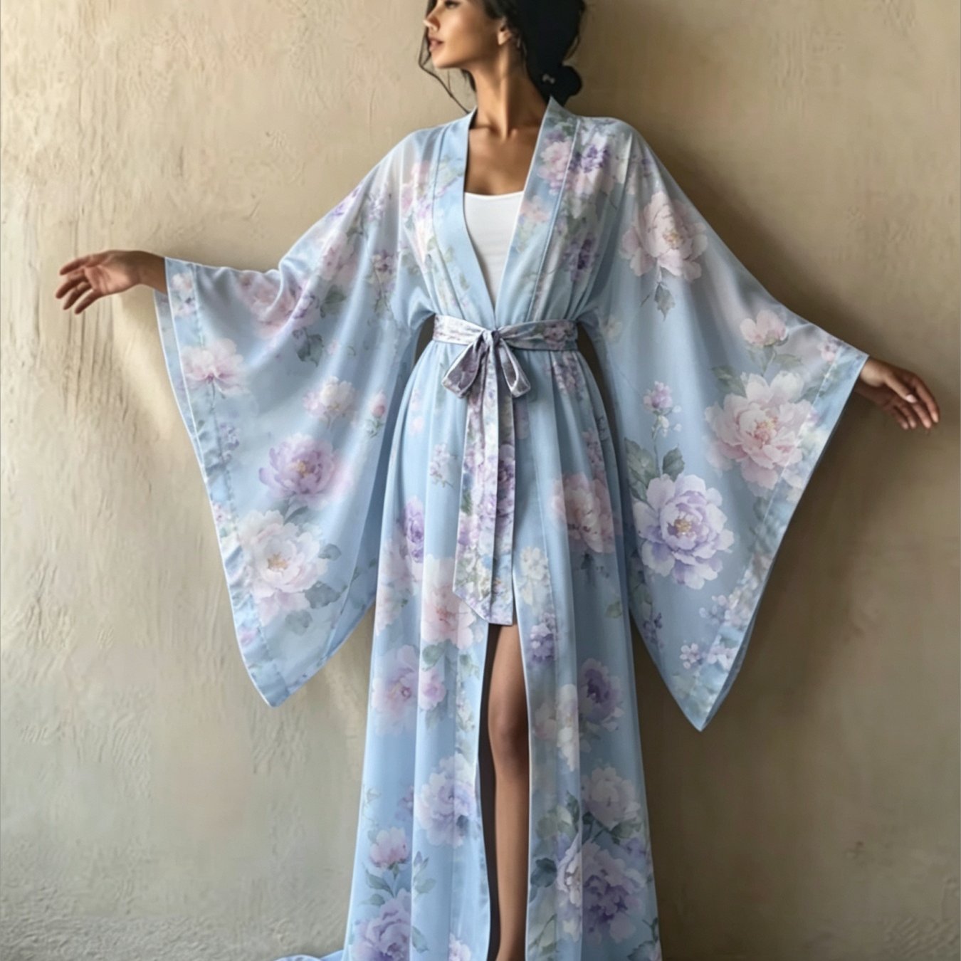 Image of Ladies' Elegant Kimono Robe Dress With Large Floral Pattern Print, Lace-up Wide Sleeve Bathrobe, Long Sleeves, Machine Washable, Perfect Gift, Suitable For , Beach Vacation, Couple Dating