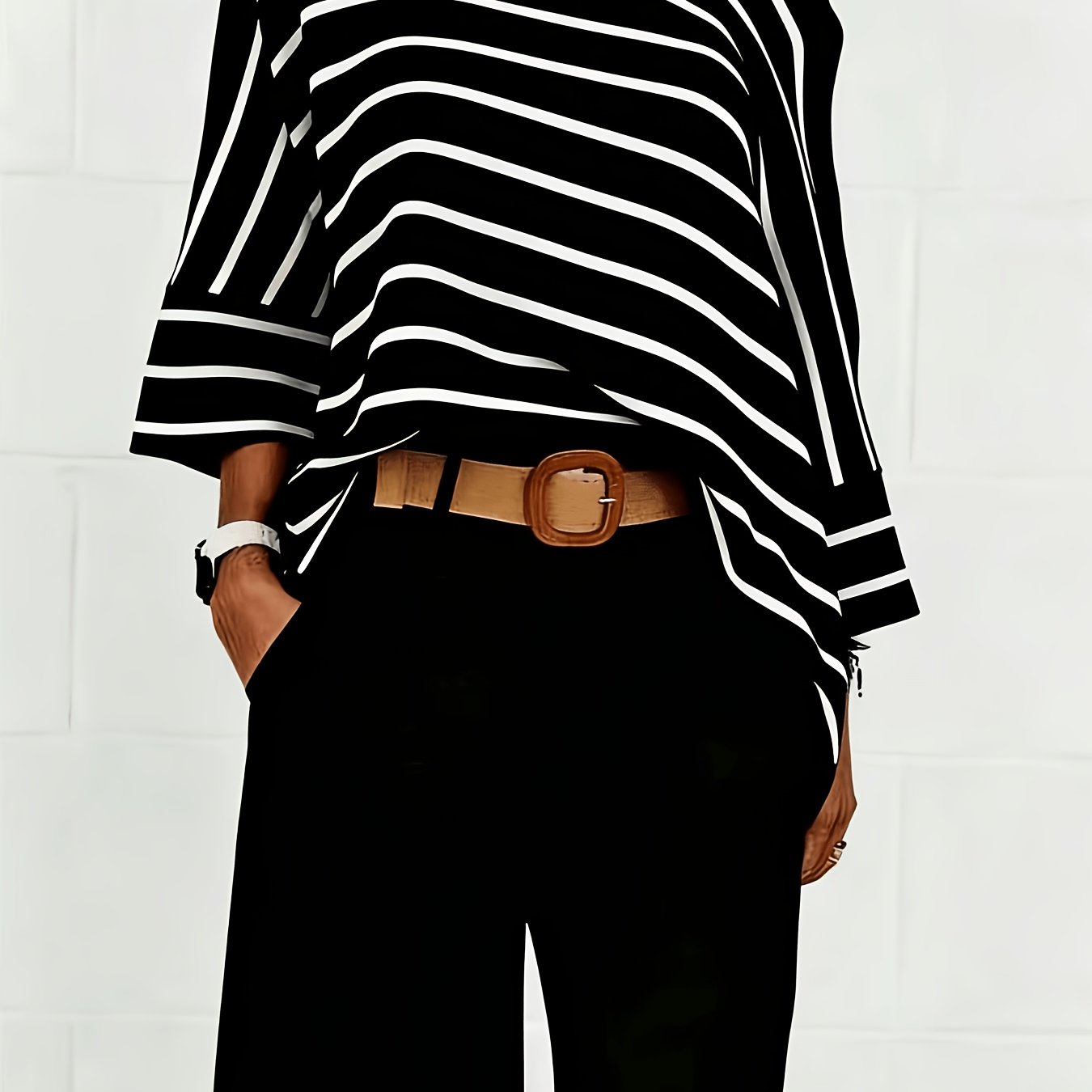 Women's Black And White Striped Off-shoulder Top, Straight Neck Loose Outdoor Casual Sports Versatile Fashion Irregular Off-shoulder Striped Shirt