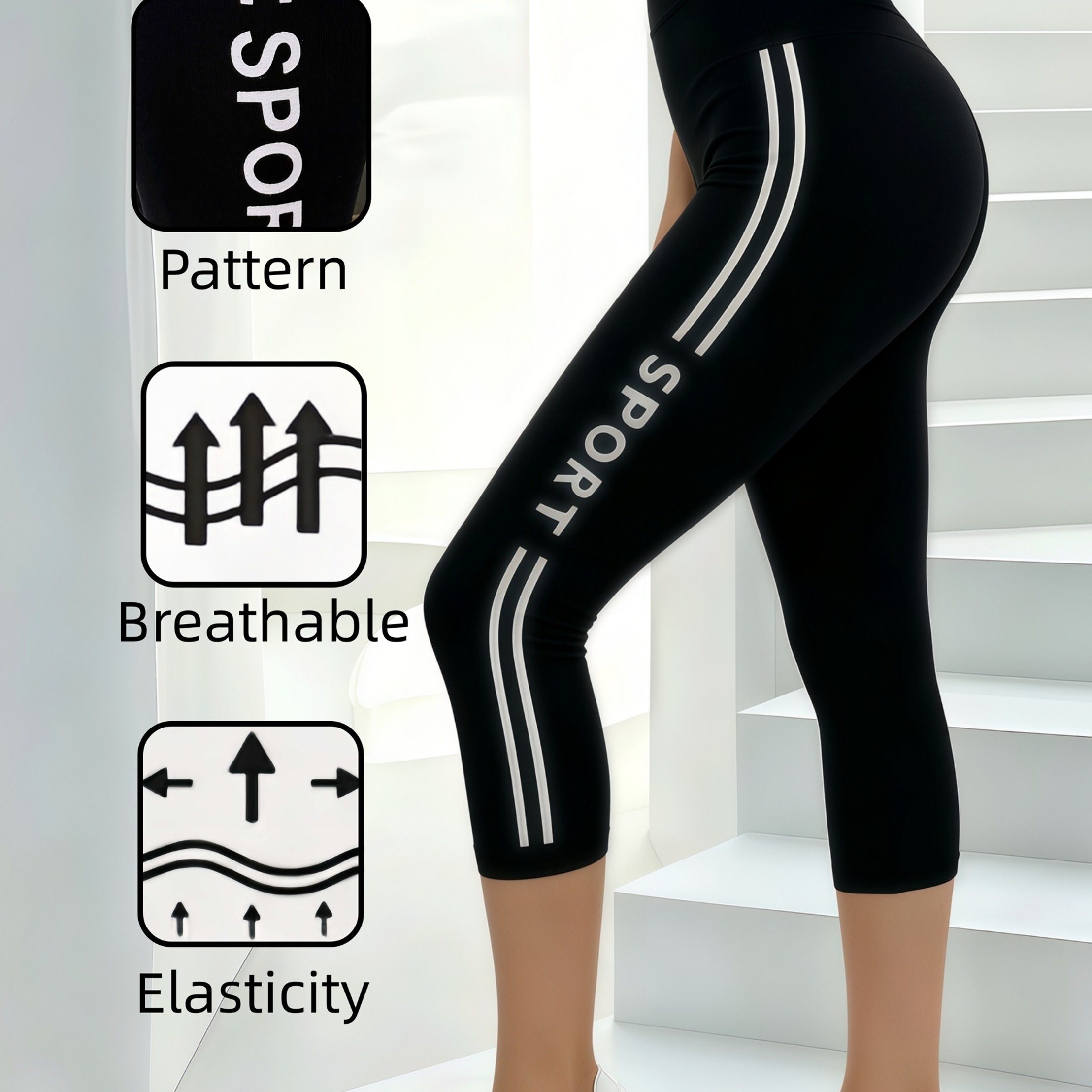 E-shop Damen Capri-Leggings mit hohem Bund, atmungsaktive dehnbare S-Yogahose mit Seitenstreifen & Buchstaben-Print