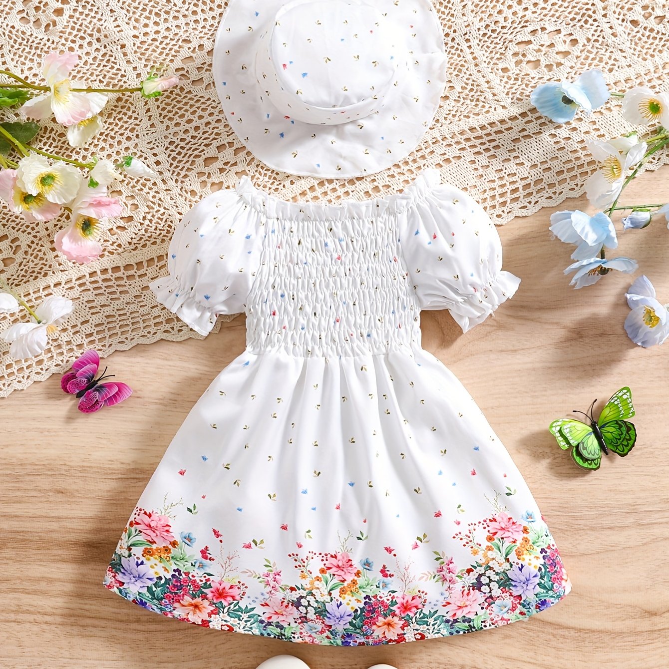Image of 0-3 Years Old Two-piece Retro Floral Pattern Puff Sleeve Casual Princess Dress + Hat, Suitable For Spring And Summer