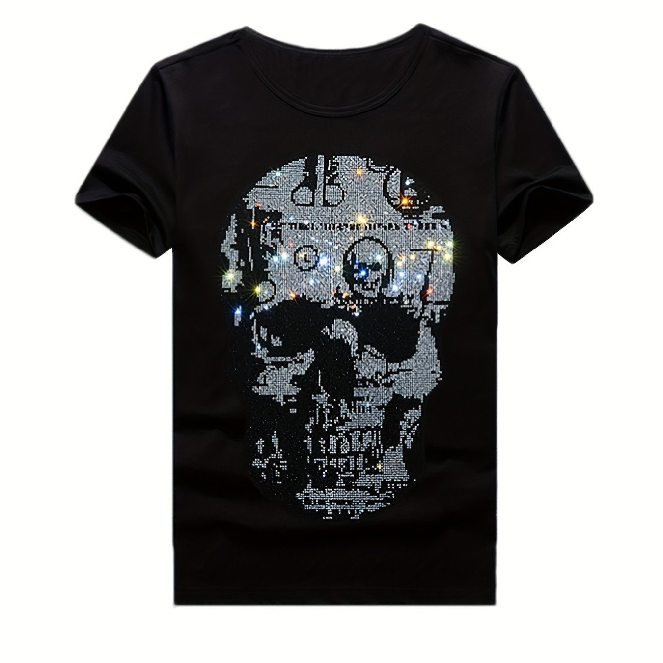 Image of Short-sleeve T-shirts With Rhinestones Showcasing A Skull Motif, Suitable For Everyone, Ideal For Halloween