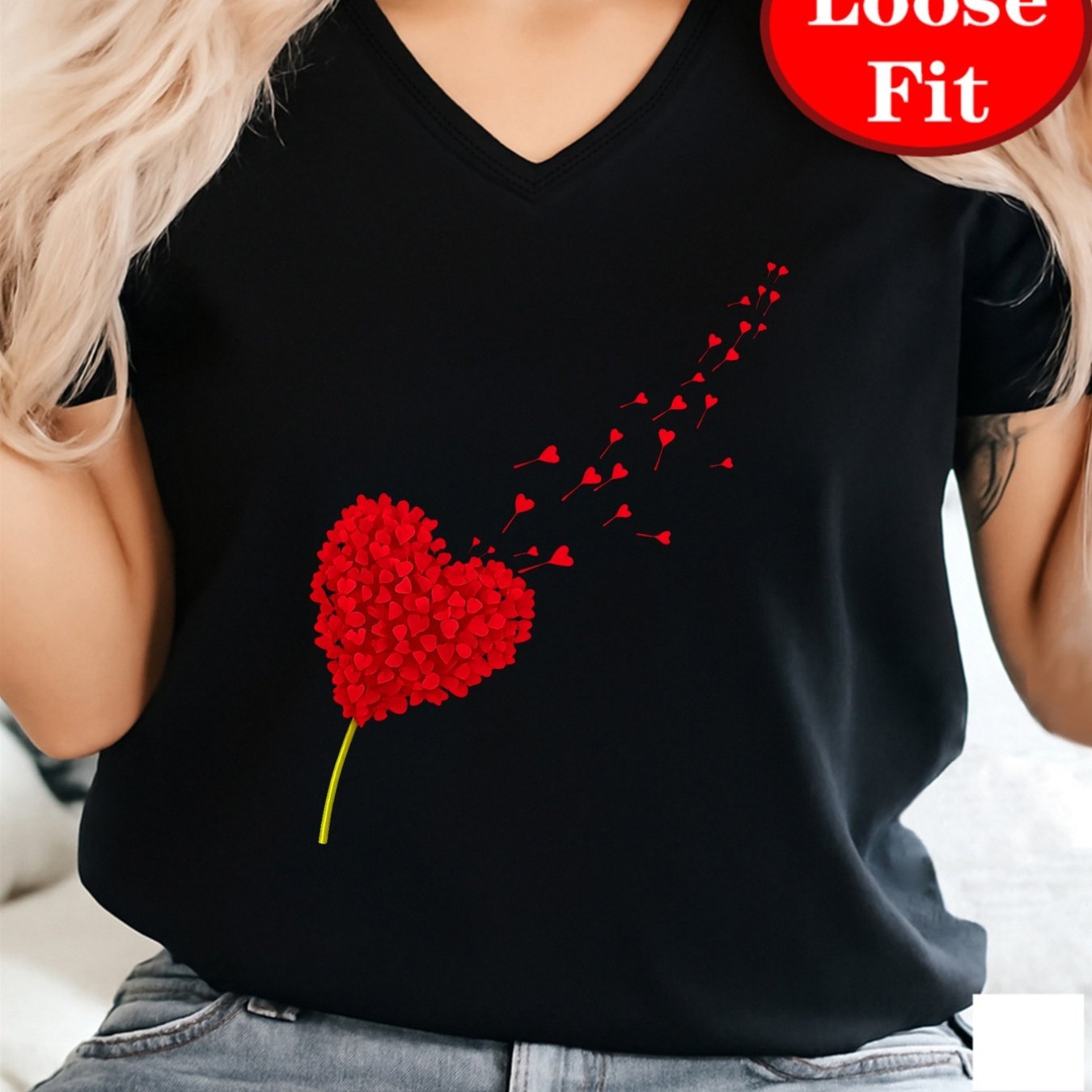 TEMU Love Flower Valentine's Day Print V-neck Short Sleeve T-shirt, Spring Summer Casual Top, Plus Size Women's Clothing