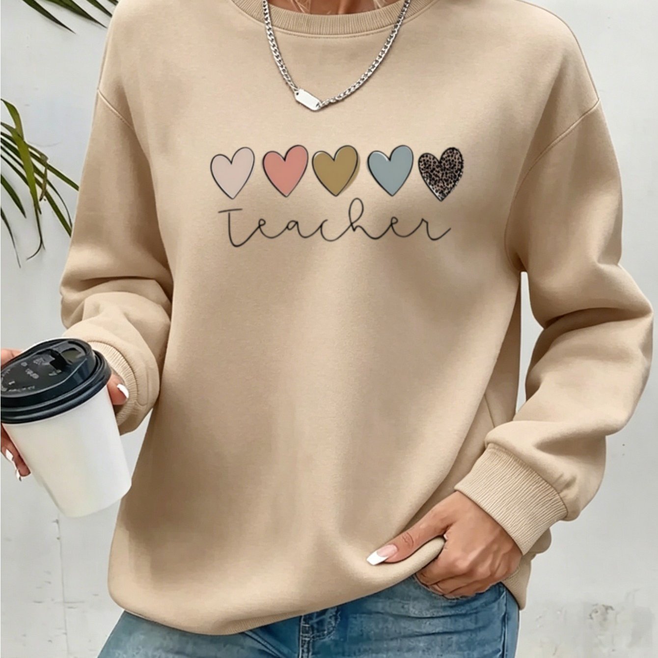 Image of Letter Print Sweatshirt - Crew Neck Casual Sweatshirt For Fall And Spring - Women's Clothing