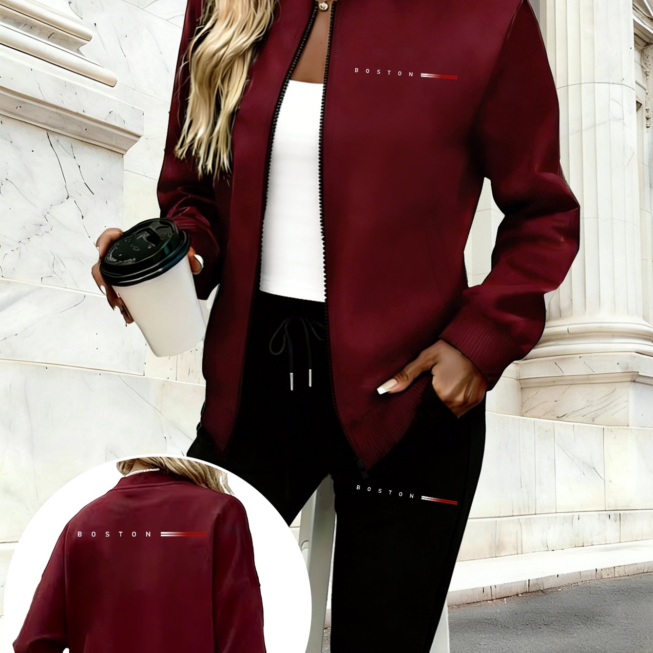TEMU 2pcs Red And White Striped Fashion Logo Print New Y2k Style Women's Sportswear Casual Zipper Jacket Windbreaker   Sports Pants Versatile