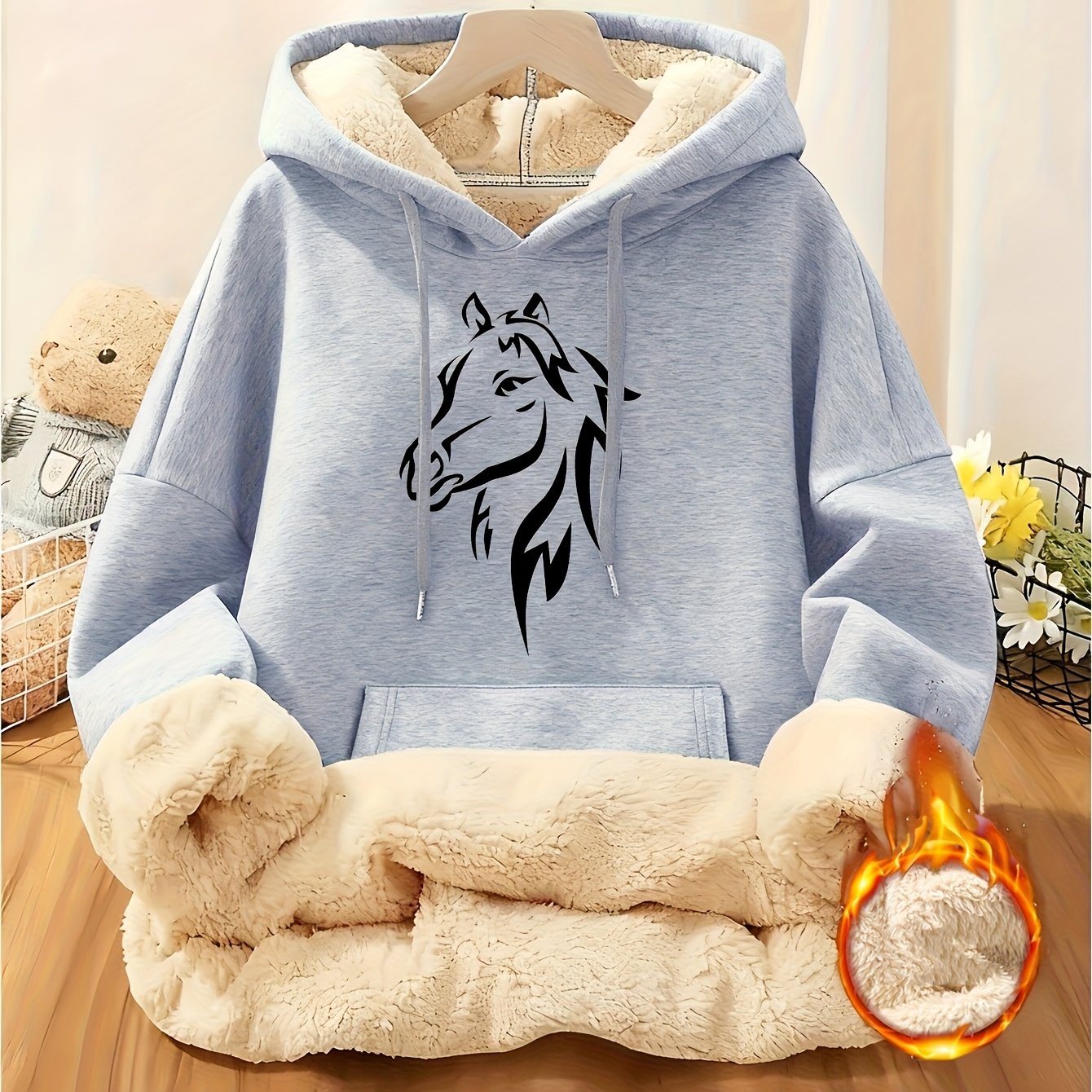 TEMU Hooded Sweatshirt With A Horse Print, Comfortable And Warm, Made Of Twill, Featuring Long Plush And Pockets, Suitable For Autumn And Winter