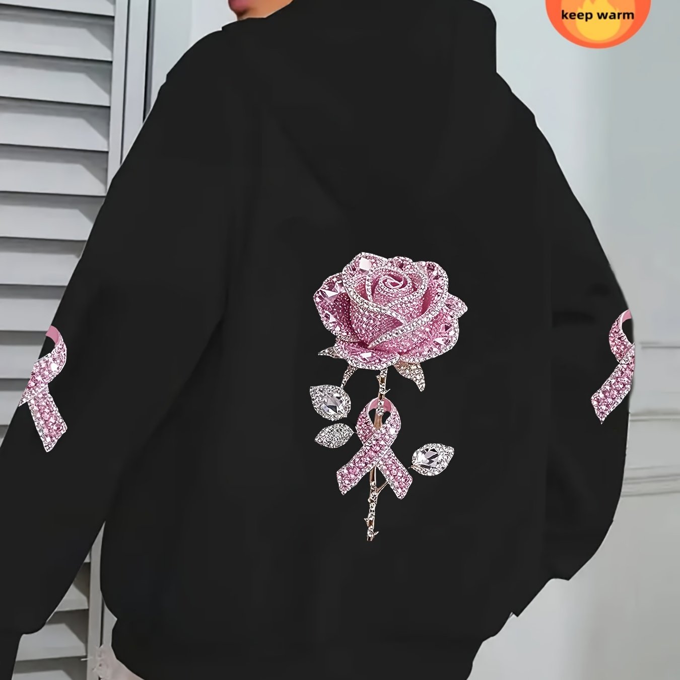 TEMU Faux Diamond Flower Print Zip-up Hooded Sweatshirt, Casual Zip-up Long Sleeve Hoodie - Polyester Fabric, For Autumn And Winter. Comfortable