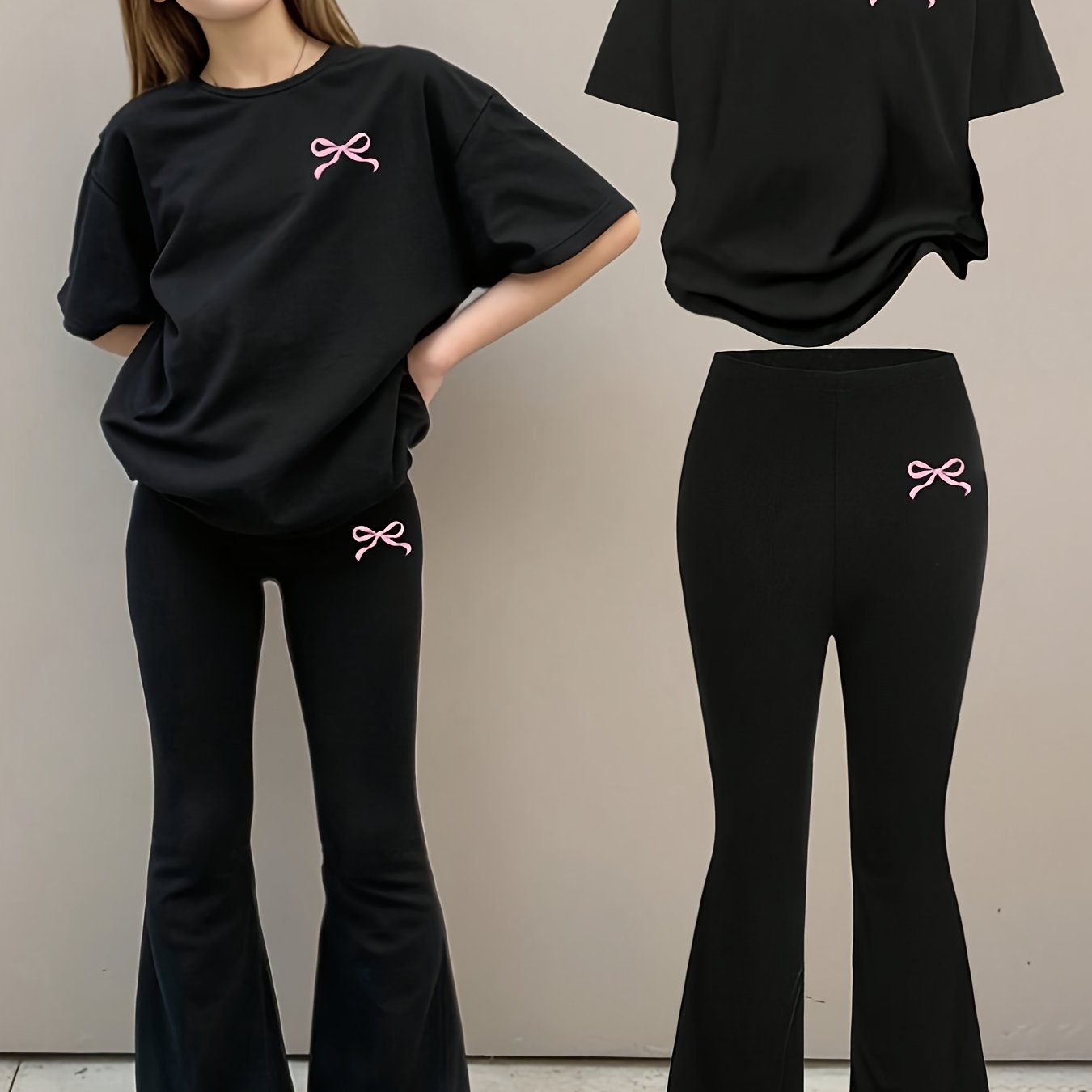 European And Girls' Bow Printed Short Sleeve Top+fashion Horn Tight Bow Printed Pants Set 2pcs Suitable For Children's Outdoor Activities, Perfect For Outdoor