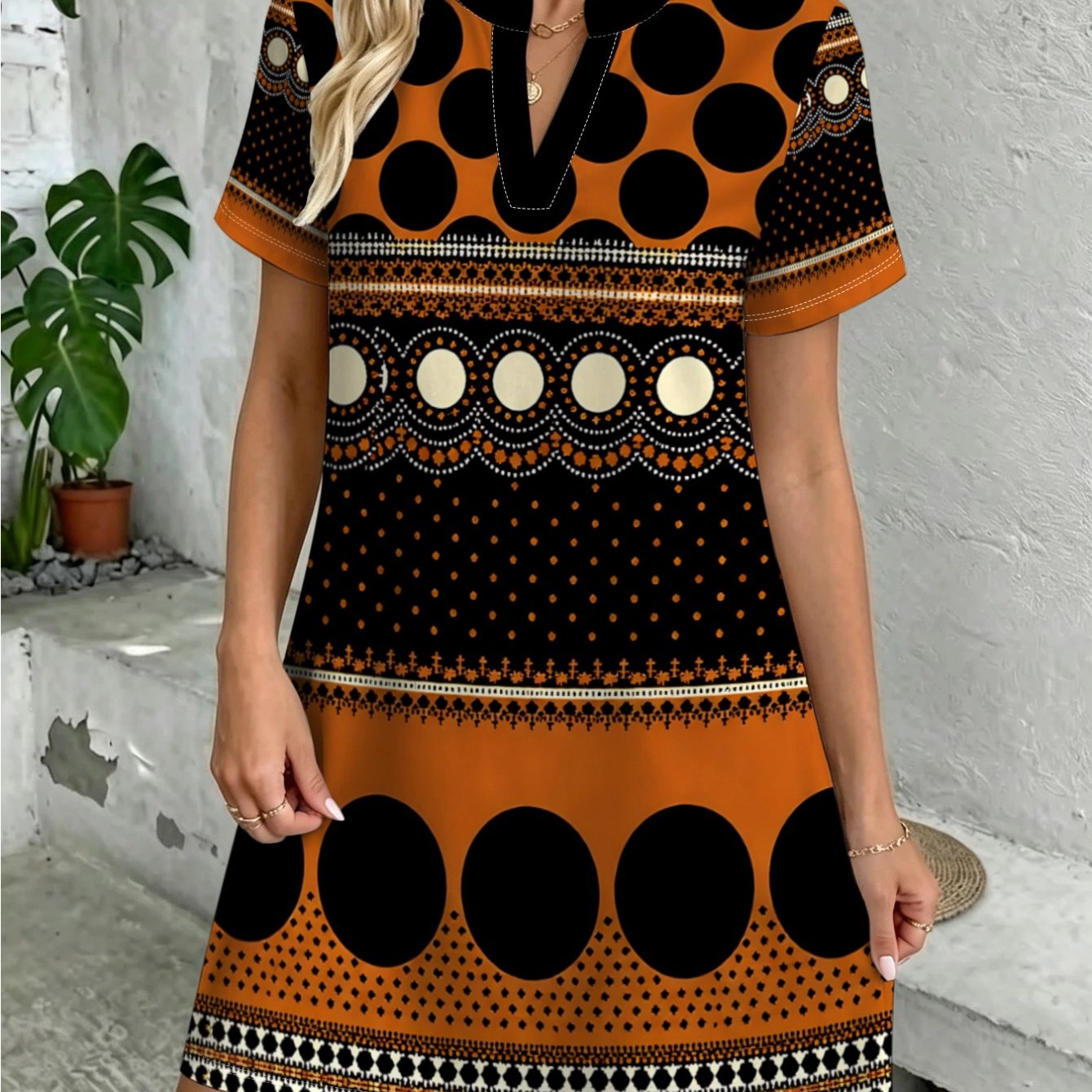 TEMU New European And Women's Fashion Casual Dress, Spring/summer Ethnic Geometric Stripe Dress, Daily Casual Comfortable Dress, Trendy And Versatile