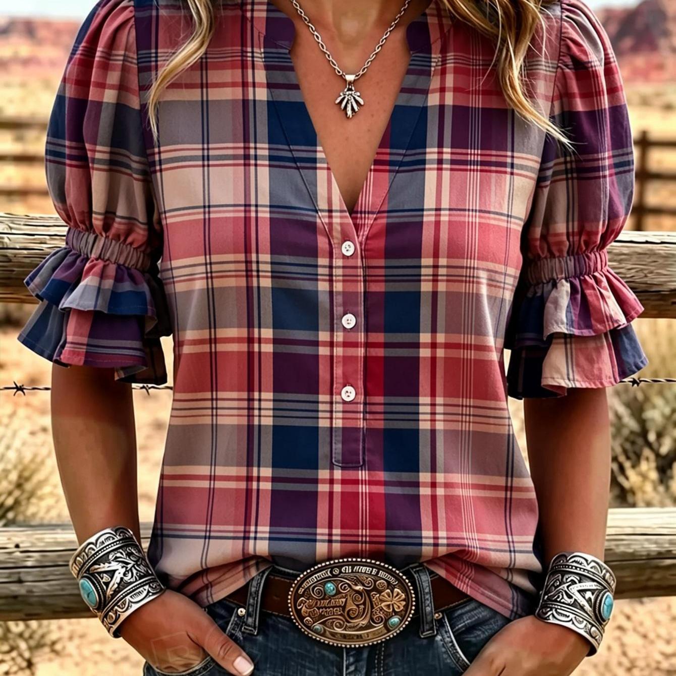 New Women's Western Print V-neck Blouse Blouse Summer Women's Tops Western Style Outfit Elegant Shirts Polyester Fabric Machine Washable 2d Flat Print Ideal For Casual Vacation Travel, 2d Flat