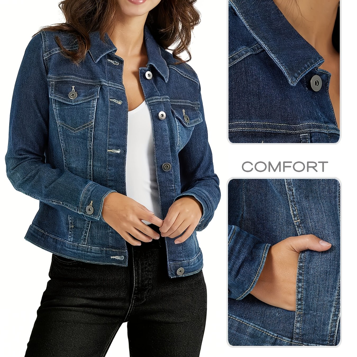 Image of New Women's Elastic Slim-fit Denim Jacket, Casual Fashion Blue Washed Denim Coat, Ladies' Multi-pocket Short Denim Long-sleeved Top. , Suitable For . Ideal For Travel And Office Wear As -style Jacket