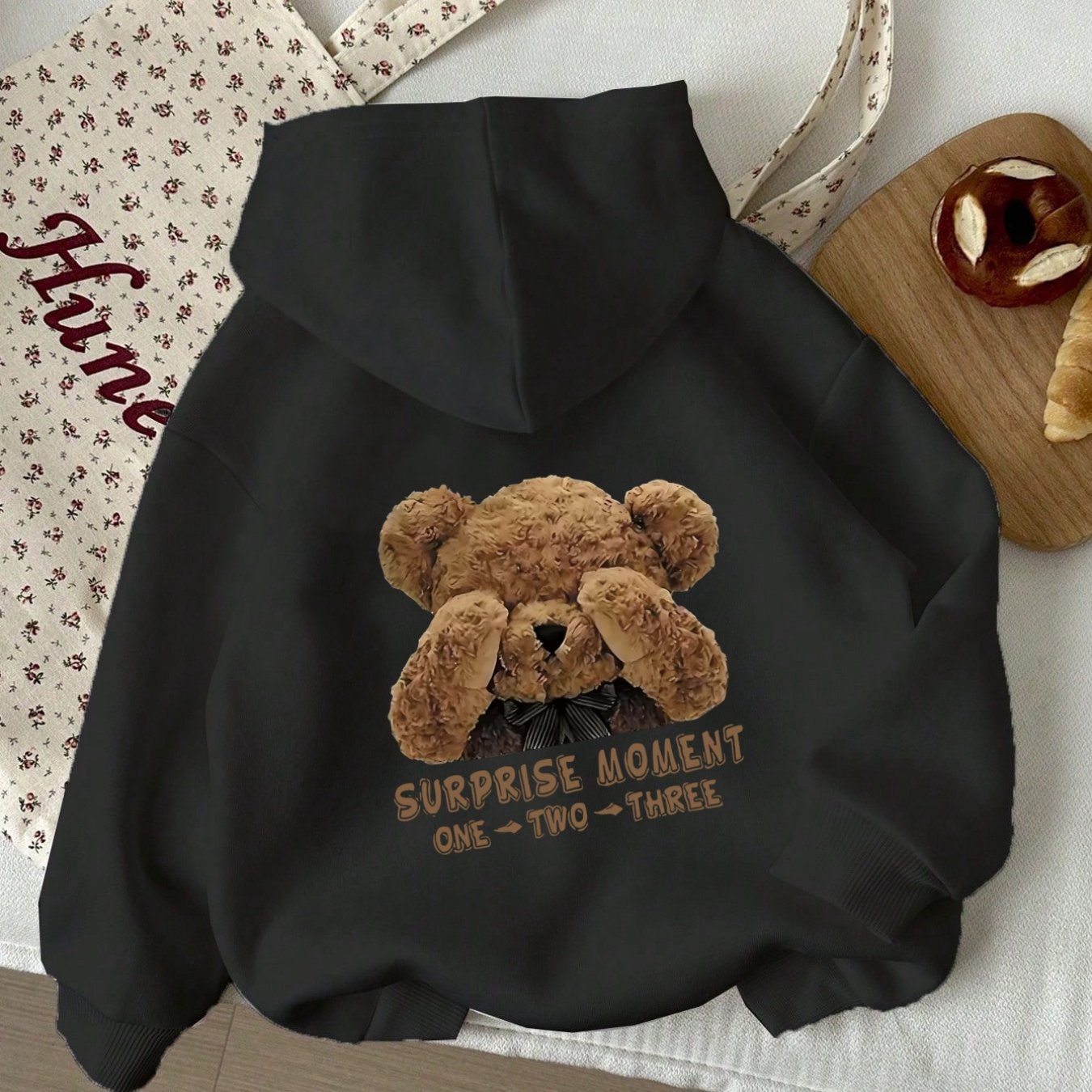 TEMU Women's Casual Hooded Sweatshirt, Cute Teddy Bear Graphic Print And "surprise Moment" Text Fashion Hoodie, Machine Washable , Daily Comfortable