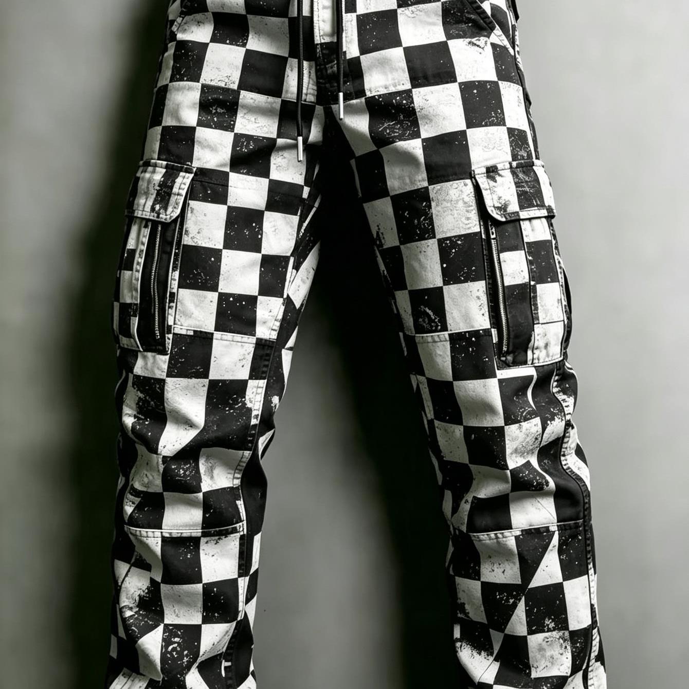 Image of Men's Vintage Distressed Checkerboard Cargo Pants, Casual Streetwear Multi-pocket Trousers For Daily
