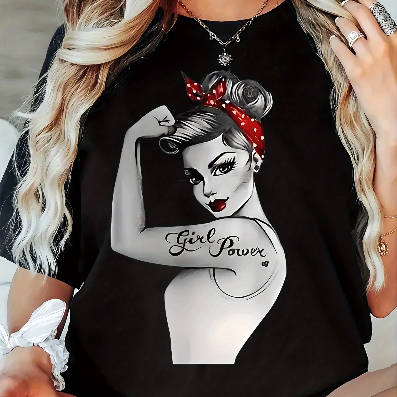 Men's Black Graphic T-shirt With "girl Power" Design - Short Sleeve Round Neck Casual Top, Stretch Knit Fabric, Regular -season