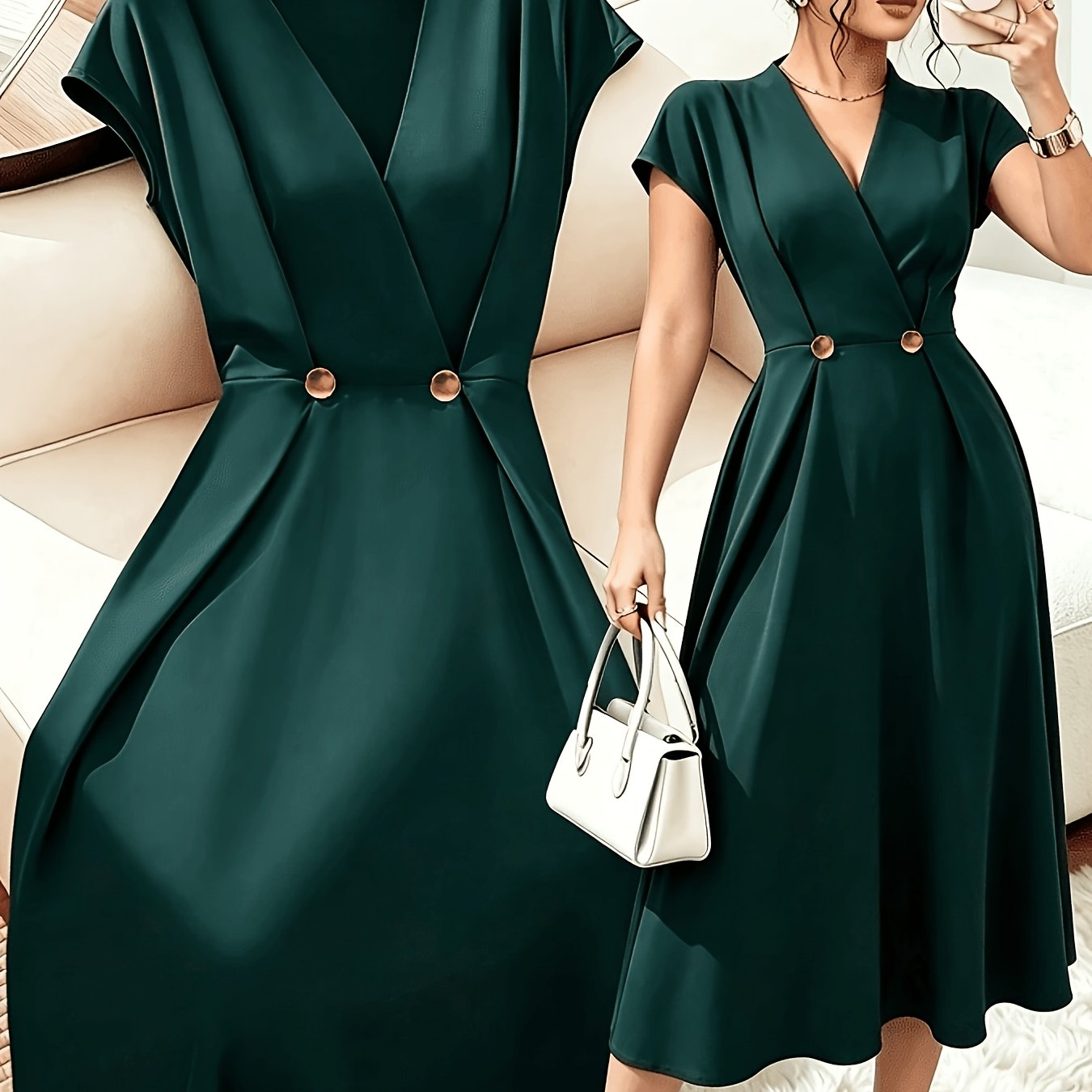 TEMU Elegant V-neck Short Sleeve A-line Midi Bridesmaid Dress, Suitable For Daily Casual, , Dates, Parties, Graduation, Valentine's Day, And More