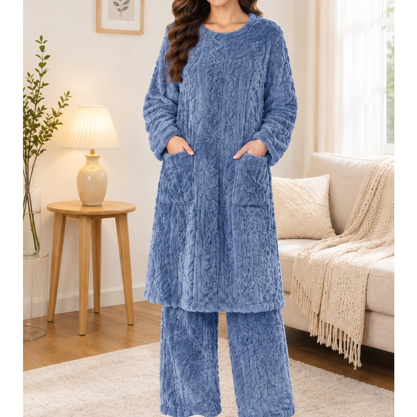 TEMU Women's 2pcs Coral Fleece Pajama Set, Warm Plush Robe And Long Pants, Loose Fit Loungewear For Home