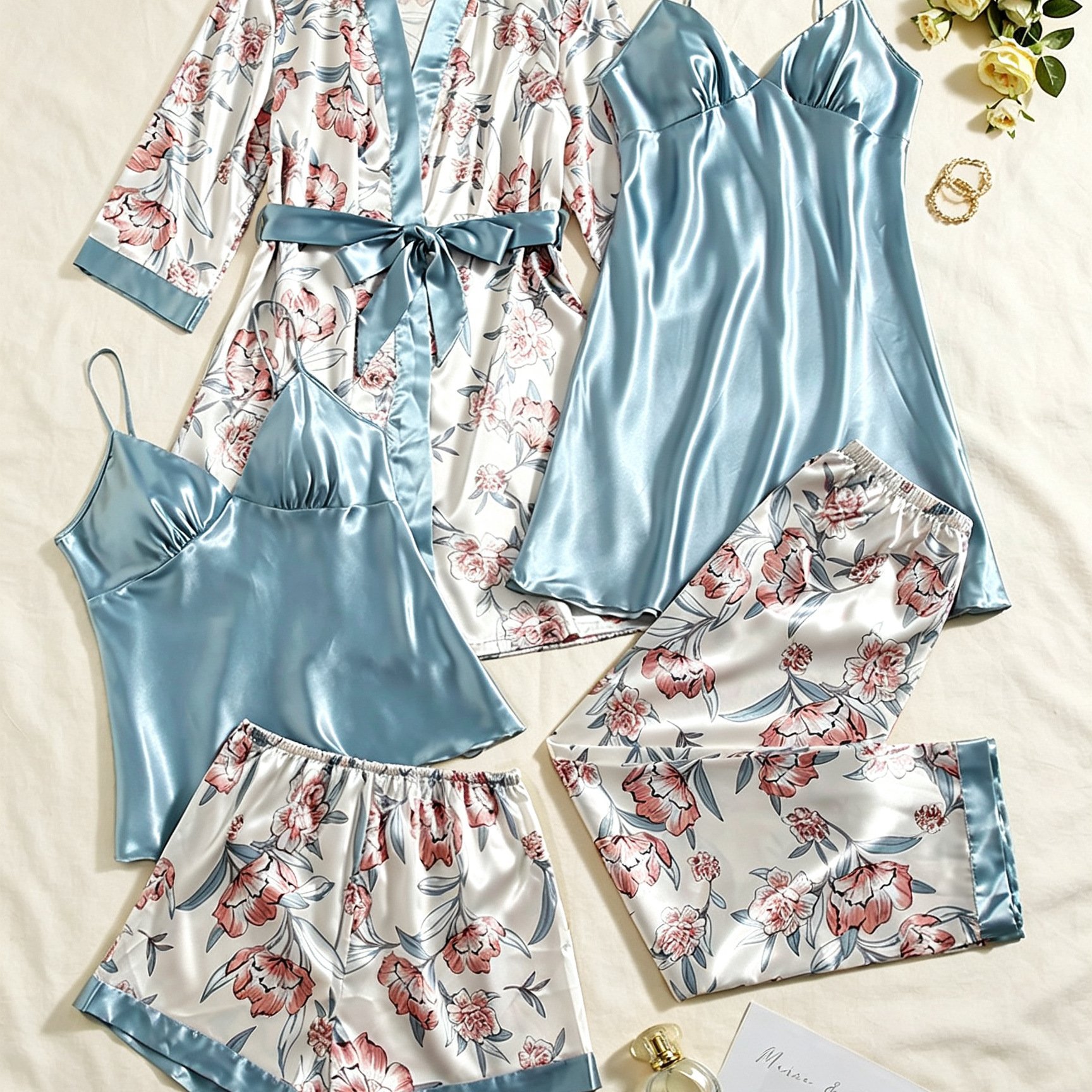 TEMU New Women's 5pcs Set Floral Print Belt V-neck Camisole Shorts Long Pants Camisole Nightgown Long Sleeve Robe Women's Loungewear Worn Outside